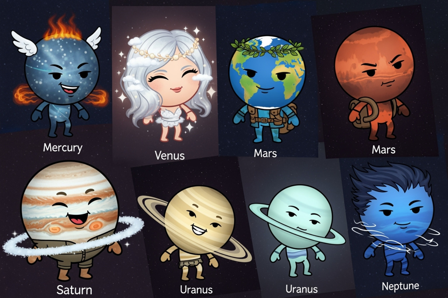 Collage of Snapchat planet Bitmojis: Mercury, Venus, Earth, Mars, Jupiter, Saturn, Uranus, Neptune, each with unique designs and expressions - snapchat planets Collage of Snapchat planet Bitmojis: Mercury, Venus, Earth, Mars, Jupiter, Saturn, Uranus, Neptune, each with unique designs and expressions - snapchat planets