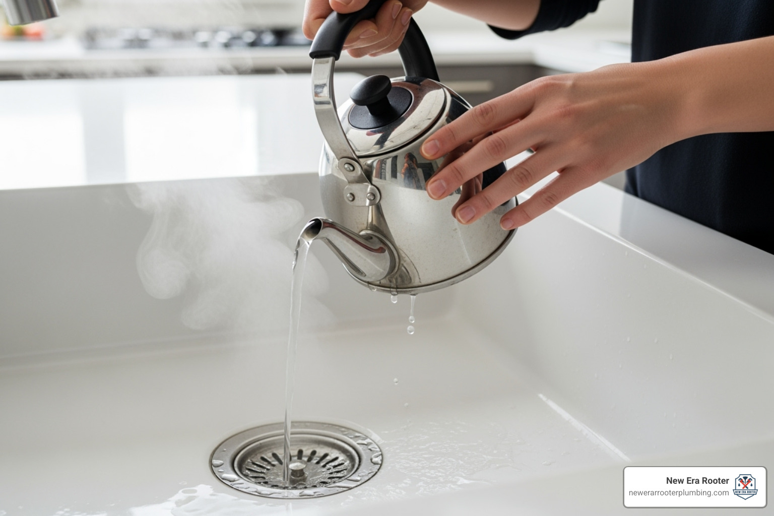 of a person pouring hot water down a kitchen drain - Drain cleaning Temecula