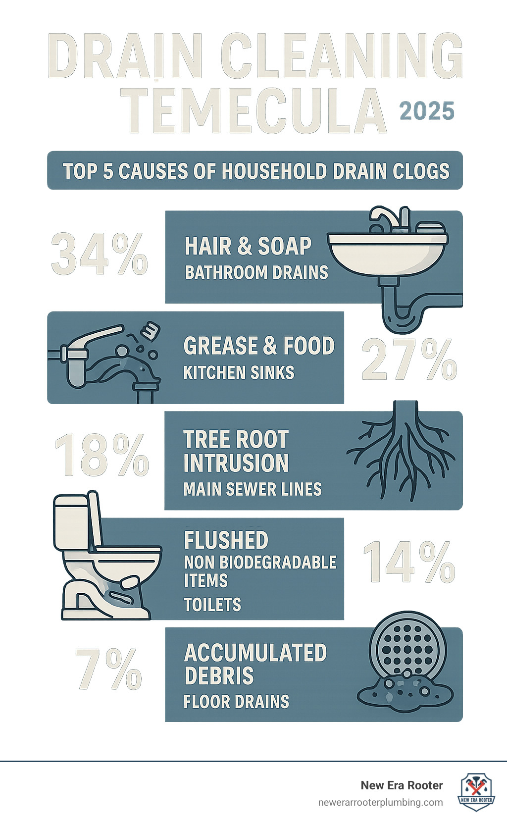 Infographic showing the top 5 causes of household drain clogs: hair and soap buildup in bathroom drains, grease and food particles in kitchen sinks, tree root intrusion in main sewer lines, flushed non-biodegradable items in toilets, and accumulated debris in floor drains, with percentage breakdowns and typical locations in Temecula homes - Drain cleaning Temecula infographic 
