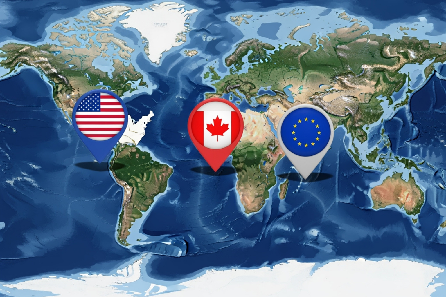 World map with pins on the US, Canada, and EU, symbolizing global regulatory reach - crypto30x.com regulation