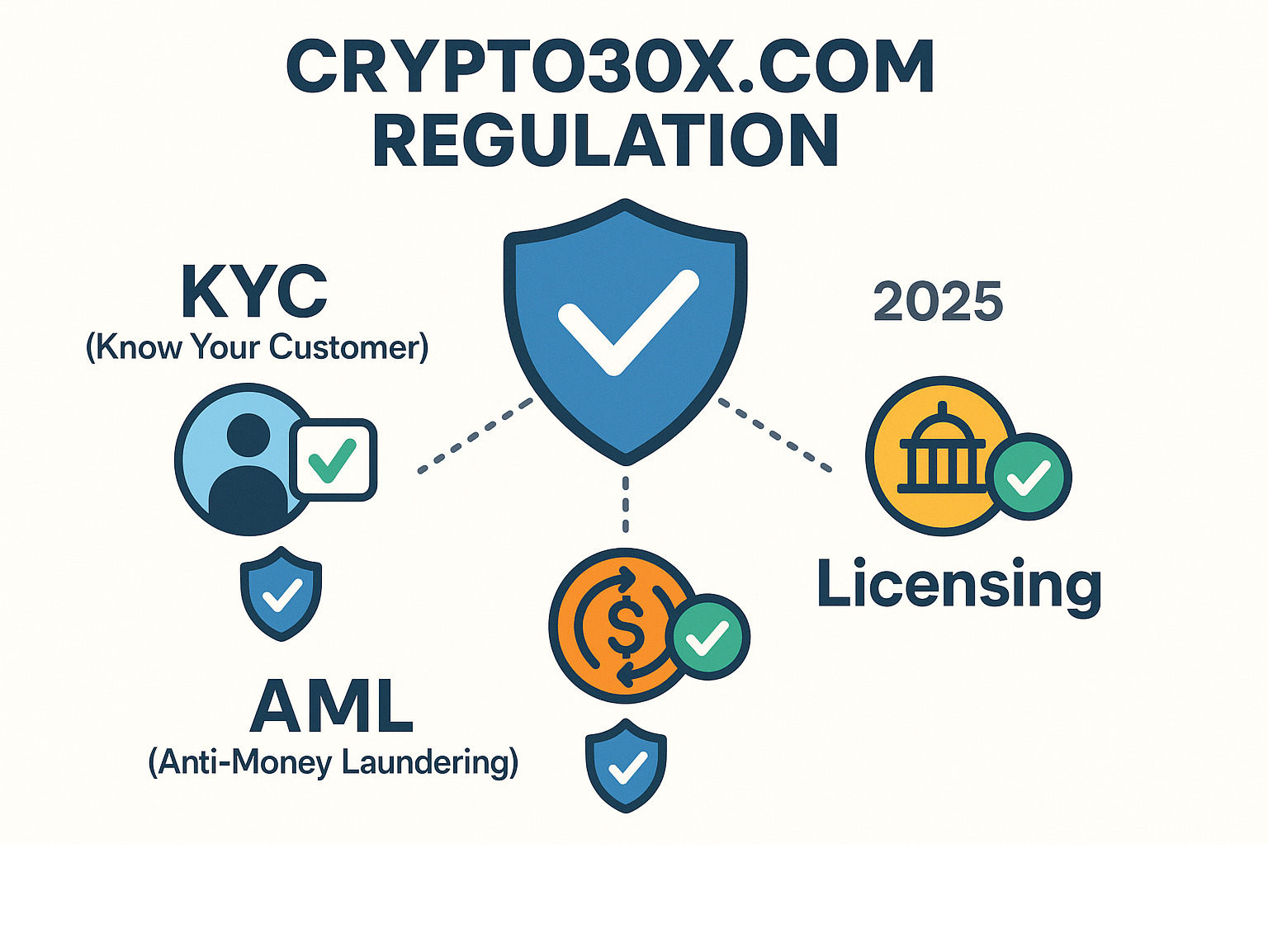 Comprehensive infographic showing the three key pillars of cryptocurrency regulation: KYC (Know Your Customer) with identity verification icons, AML (Anti-Money Laundering) with transaction monitoring symbols, and Licensing with government approval badges, all connected by security shields and regulatory checkmarks - crypto30x.com regulation infographic 