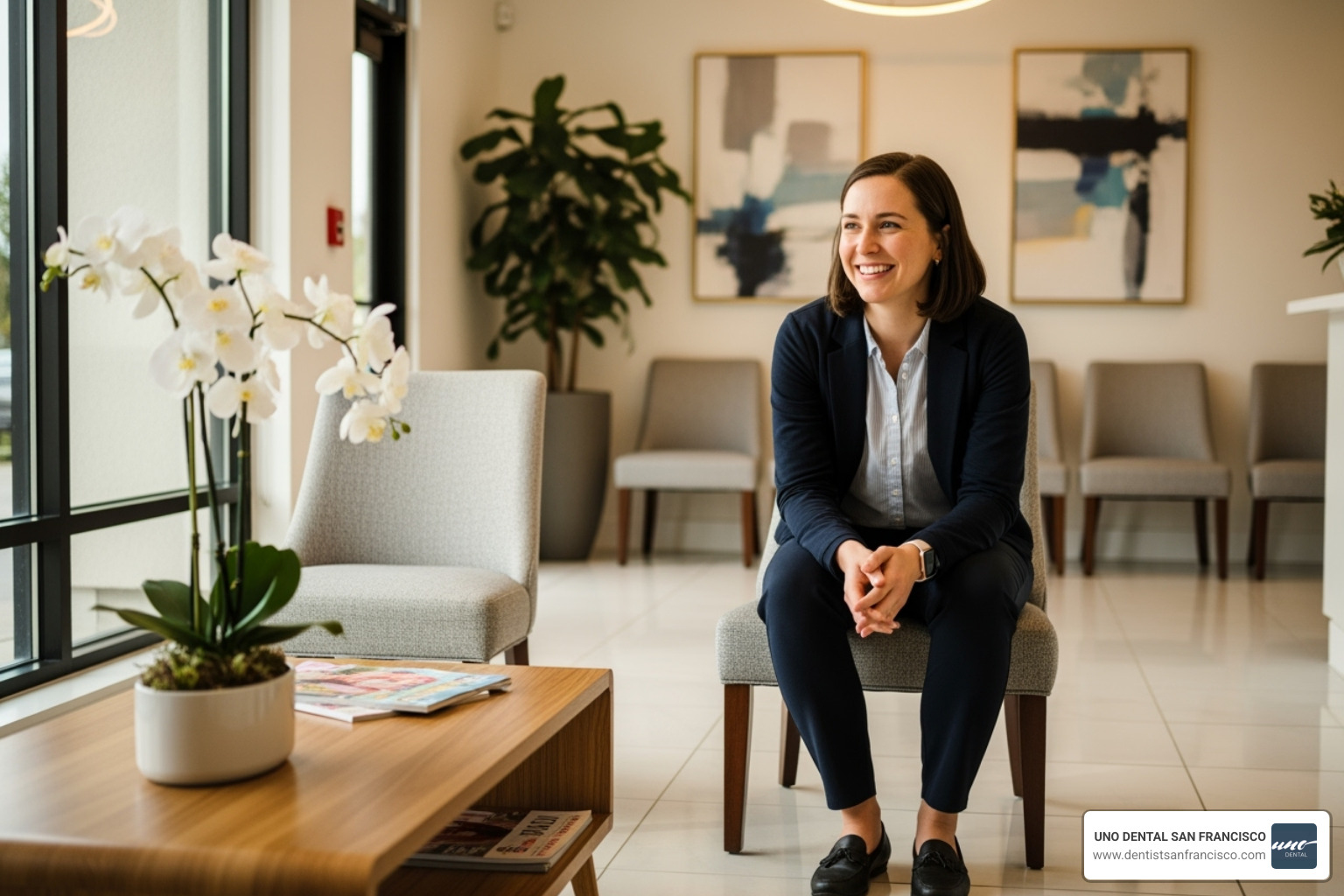 professional looking relieved and smiling in a modern dental clinic waiting room - dental clinic open late