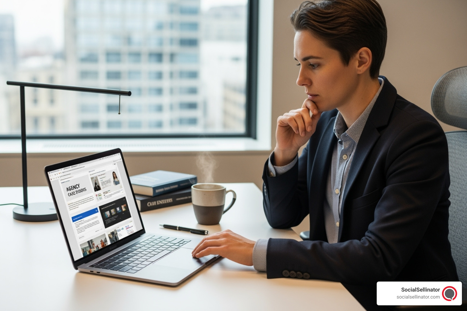 person thoughtfully reviewing agency case studies and proposals on a laptop - top marketing agency