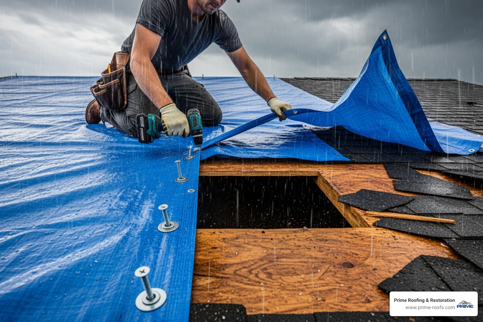 roofer applying emergency tarp - emergency roofing orange beach al roofer applying emergency tarp - emergency roofing orange beach al