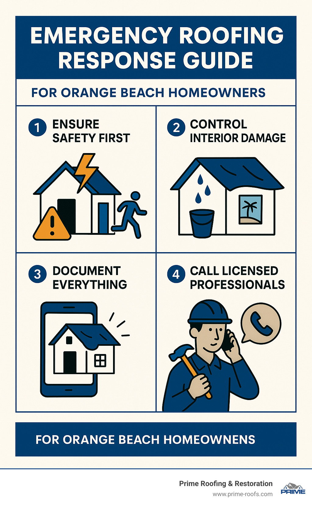 Comprehensive emergency roofing response guide showing immediate safety steps, damage control measures, professional contractor selection criteria, and insurance claim documentation requirements for Orange Beach homeowners - emergency roofing orange beach al infographic Comprehensive emergency roofing response guide showing immediate safety steps, damage control measures, professional contractor selection criteria, and insurance claim documentation requirements for Orange Beach homeowners - emergency roofing orange beach al infographic