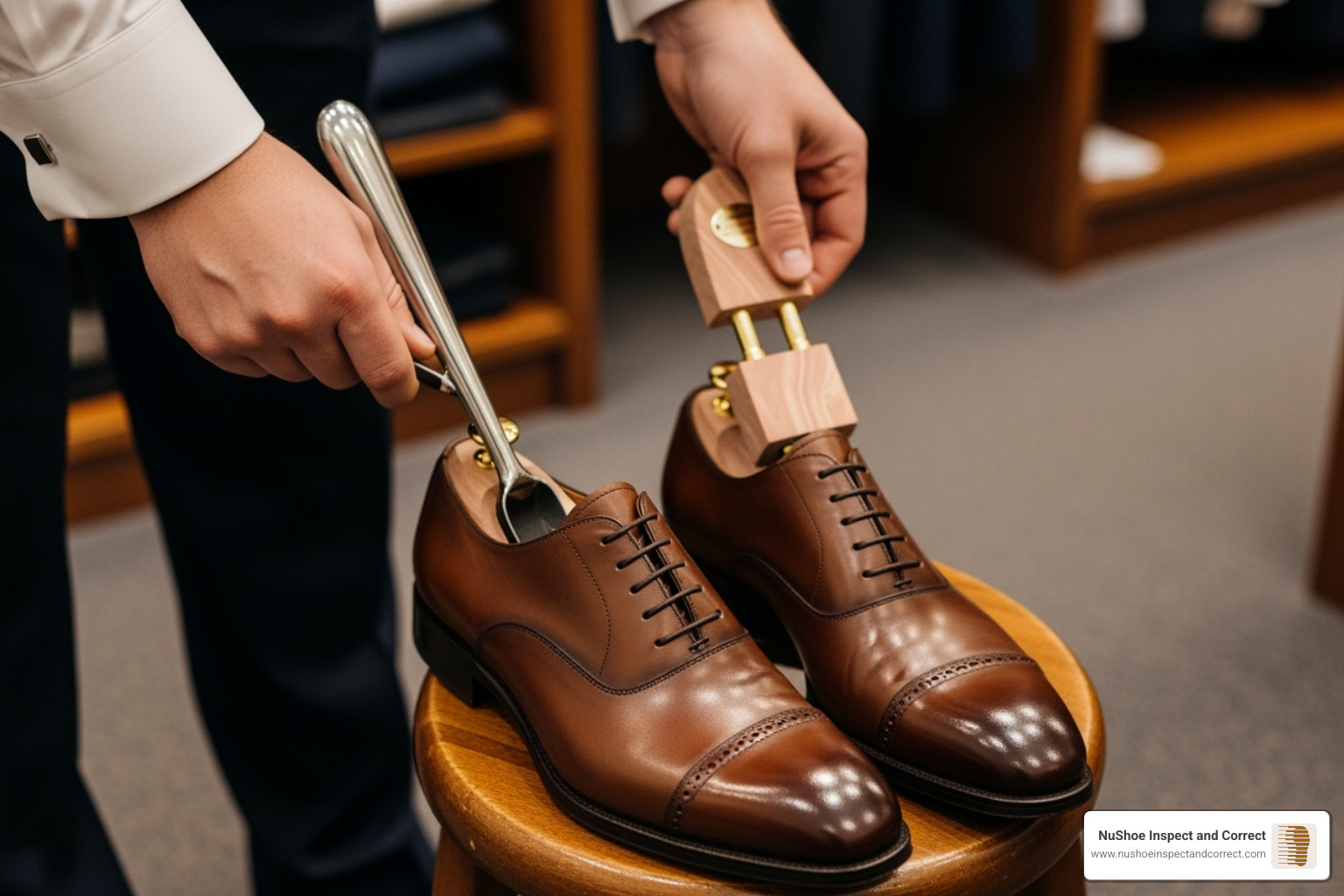 person using a shoe horn and placing shoes on a shoe tree - Heel repair shoes person using a shoe horn and placing shoes on a shoe tree - Heel repair shoes
