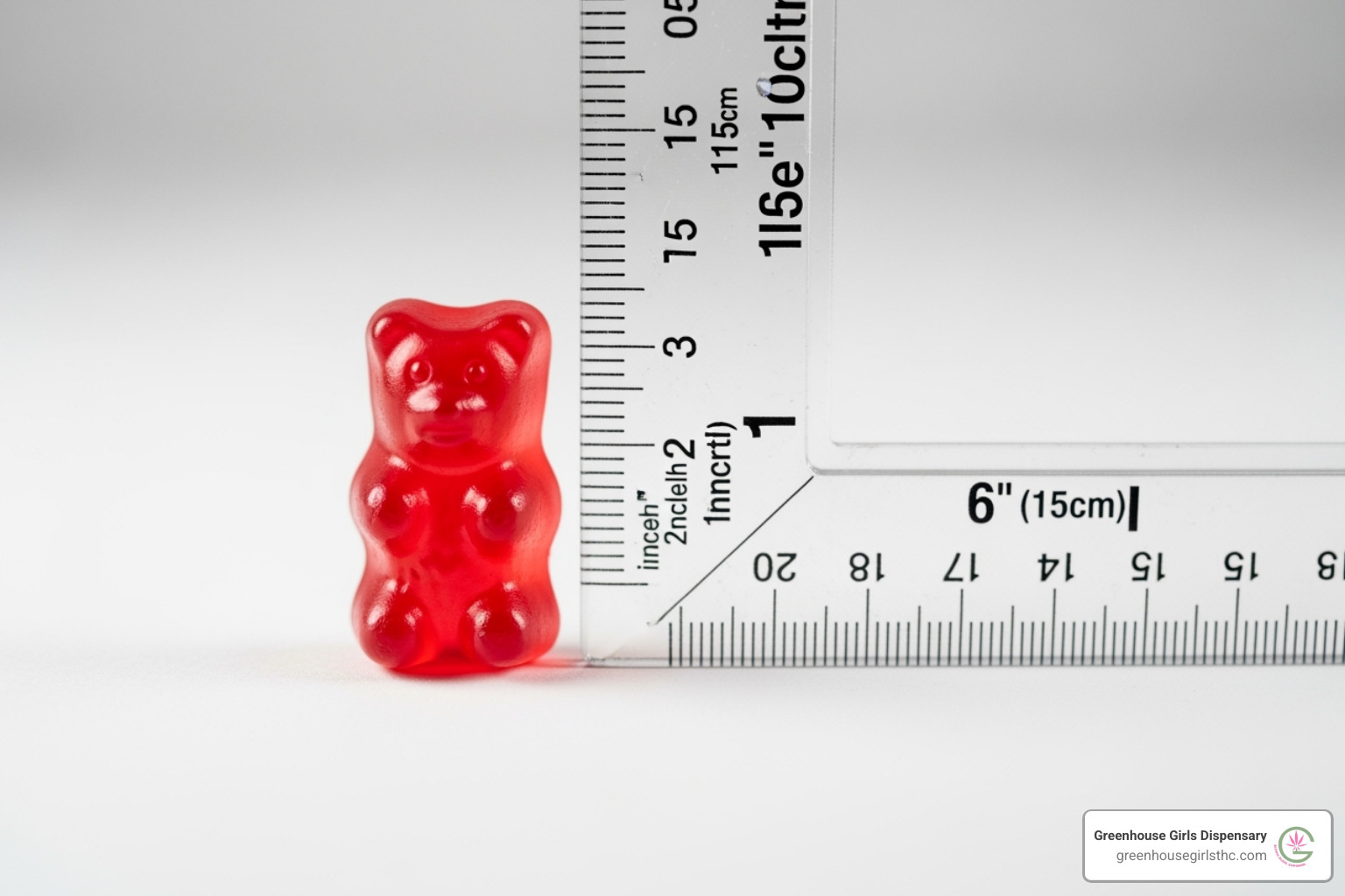 A gummy bear next to a ruler to show scale and suggest portioning, emphasizing careful dosing - delta 9 edibles