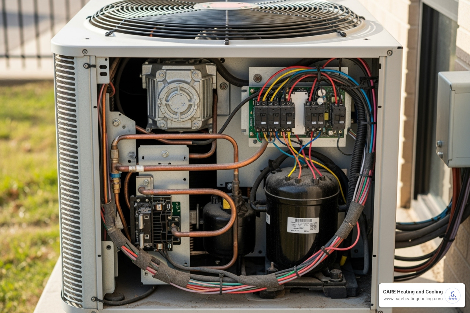 outdoor AC condenser unit with its panel open showing wiring - AC circuit breaker tripping outdoor AC condenser unit with its panel open showing wiring - AC circuit breaker tripping