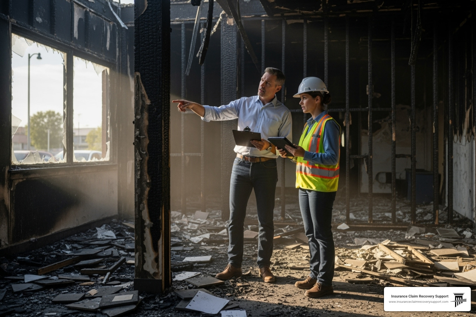 public adjuster meeting with a property manager at a damaged site - fire damage claim disputes