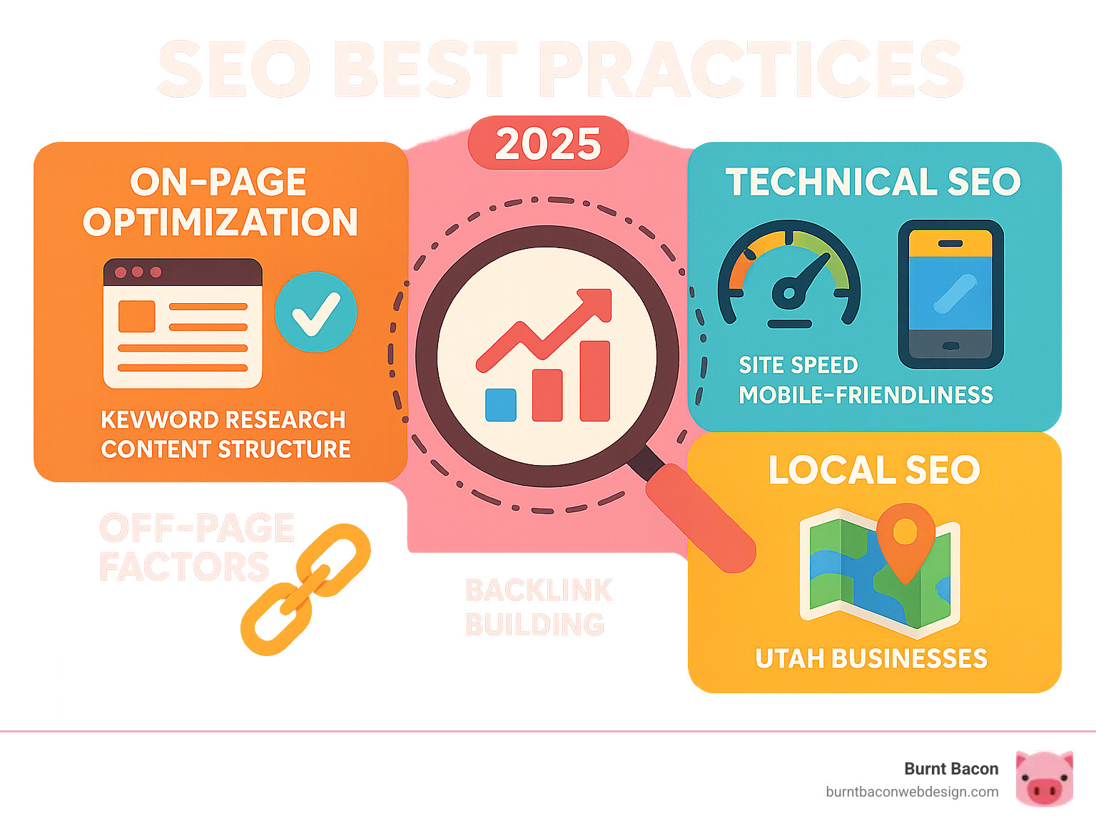 Comprehensive infographic showing the essential SEO best practices including on-page optimization with keyword research and content structure, technical SEO elements like site speed and mobile-friendliness, off-page factors such as backlink building, and local SEO components for Utah businesses - SEO best practices infographic 