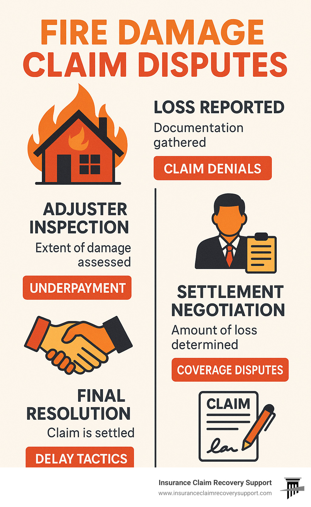 Infographic showing the fire damage claim process from initial loss reporting through documentation, adjuster inspection, settlement negotiation, and final resolution, highlighting common dispute points at each stage - fire damage claim disputes infographic 