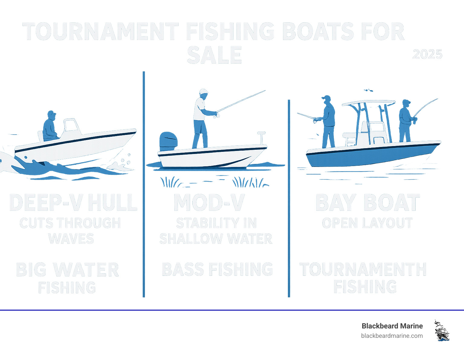 Infographic showing Deep-V hull cutting through waves for big water fishing, Mod-V hull providing stability in shallow water for bass fishing, and Bay boat with open layout for versatile tournament fishing across different water types - tournament fishing boats for sale infographic 
