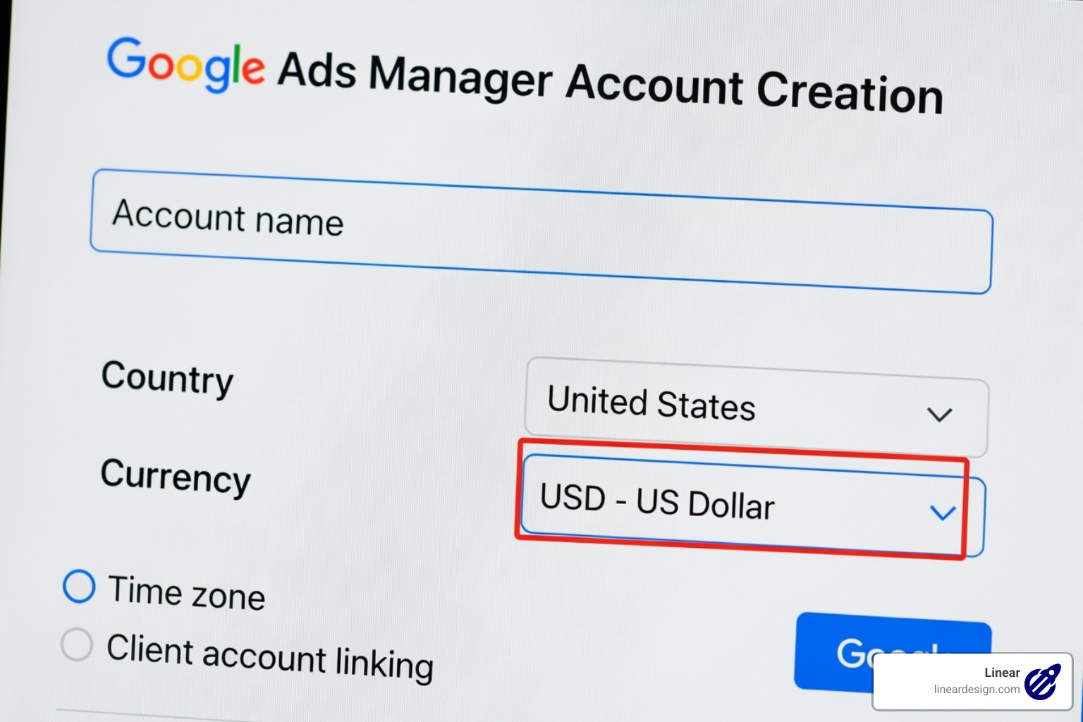 Google Ads Manager Account creation screen - manage google adwords account