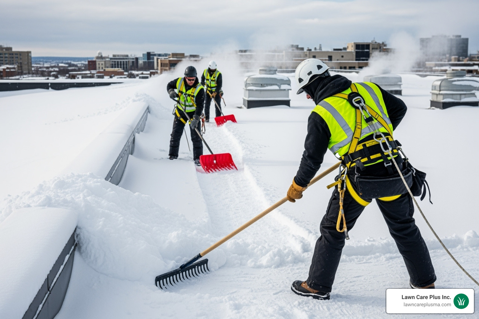 of a professional crew using safety harnesses and proper equipment for commercial roof snow removal - commercial roof snow removal of a professional crew using safety harnesses and proper equipment for commercial roof snow removal - commercial roof snow removal