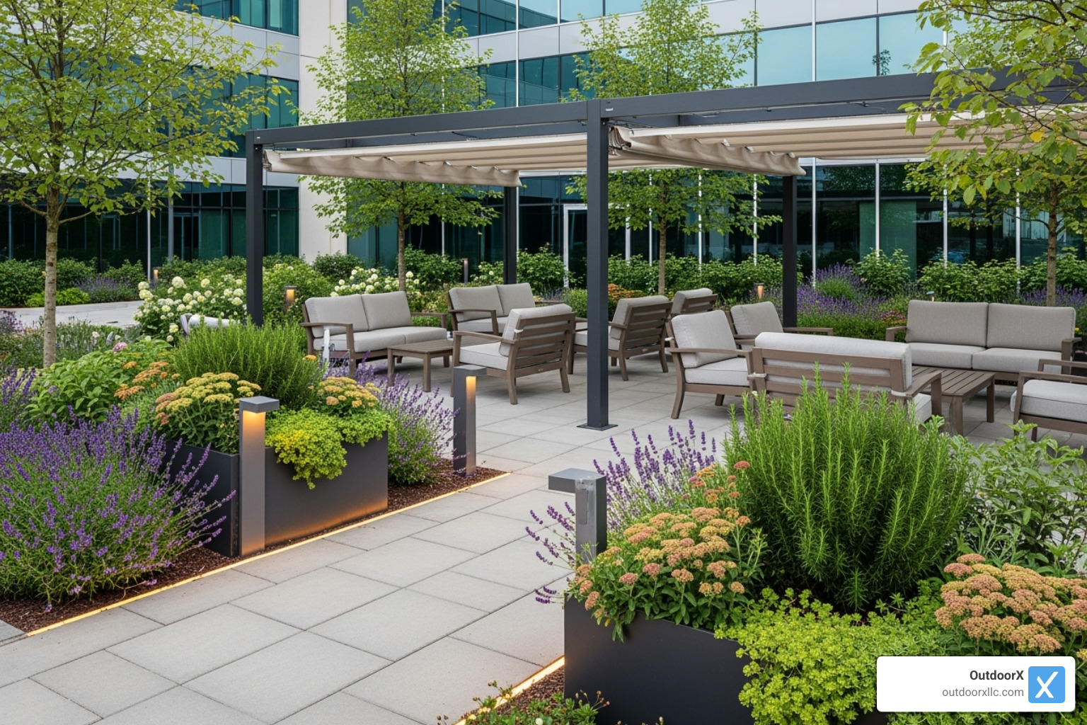 Image of a beautiful, functional outdoor seating area on a commercial property. - commercial landscape management