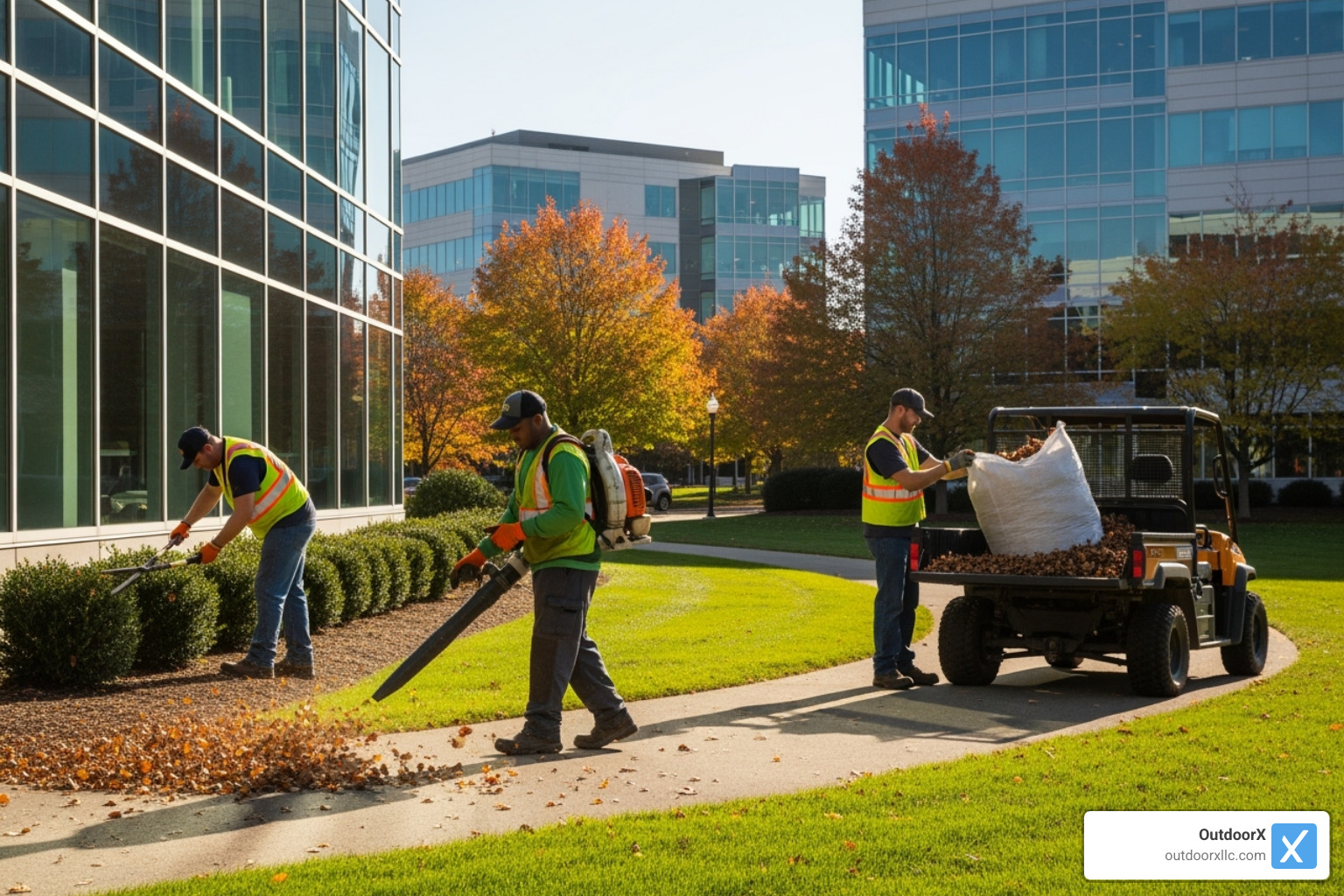Image of a landscape crew performing seasonal maintenance on a corporate campus. - commercial landscape management