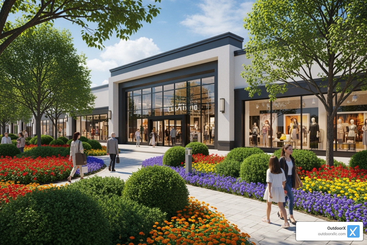 Image of a busy retail storefront with an attractive and welcoming landscape. - commercial landscape management