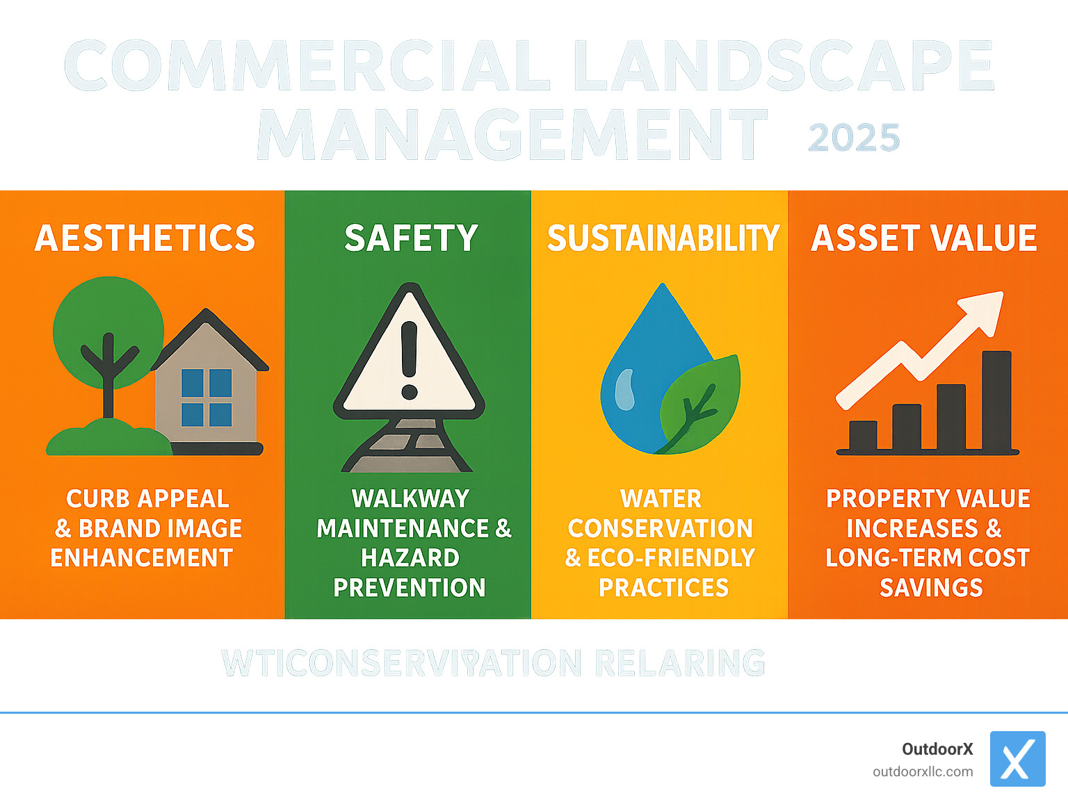 Infographic showing the four key pillars of commercial landscape management: Aesthetics pillar featuring curb appeal and brand image improvement, Safety pillar highlighting walkway maintenance and hazard prevention, Sustainability pillar showcasing water conservation and eco-friendly practices, and Asset Value pillar demonstrating property value increases and long-term cost savings - commercial landscape management infographic 