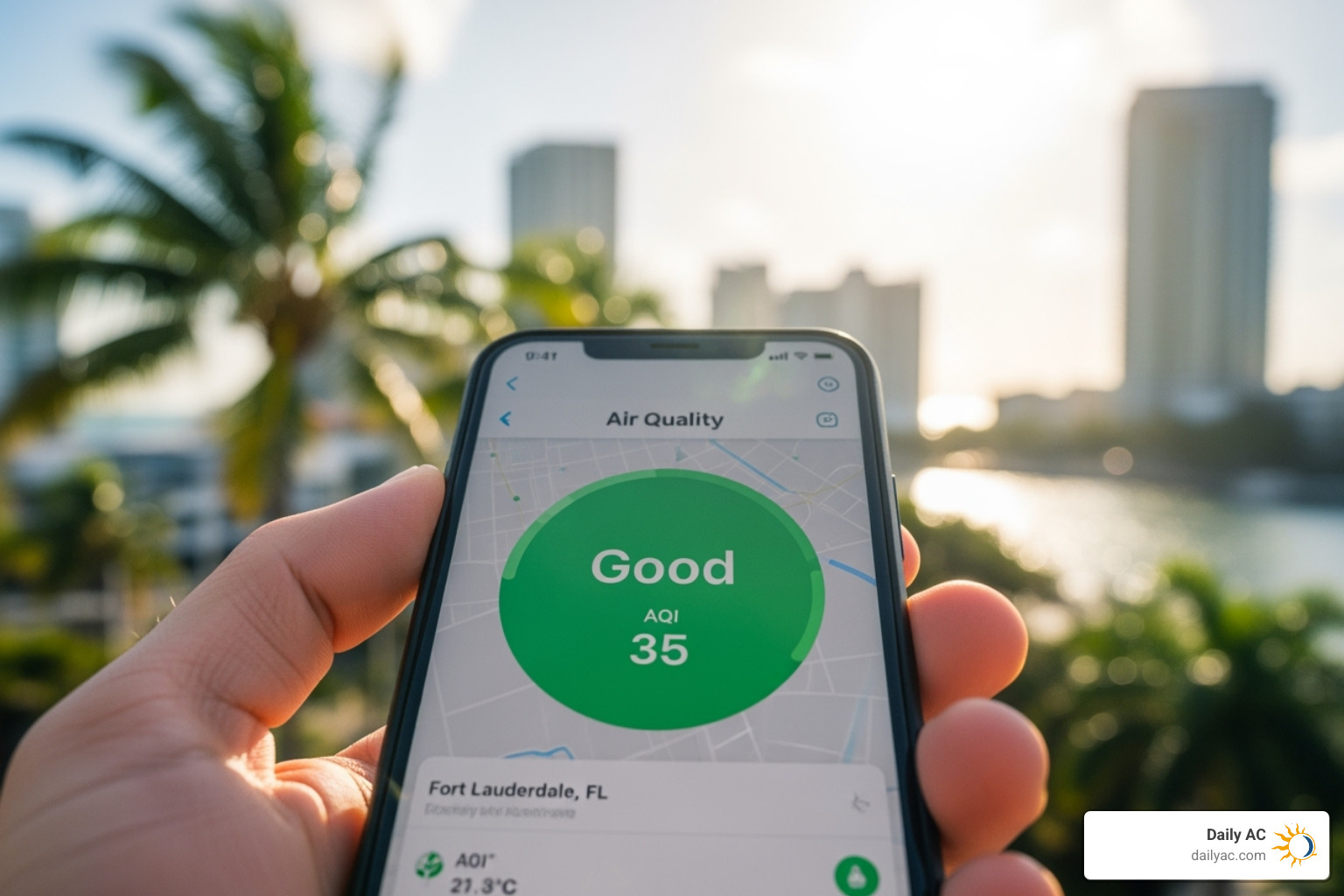 Smartphone screen showing a "Good" air quality rating for Fort Lauderdale - Air quality Fort Lauderdale