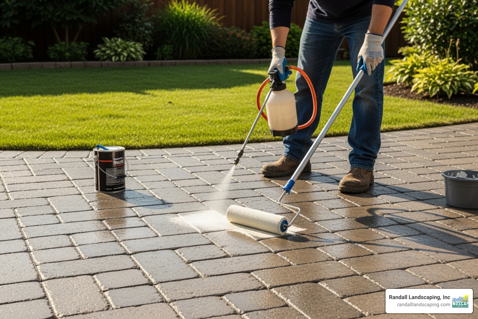 person applying sealer - sealing driveway pavers