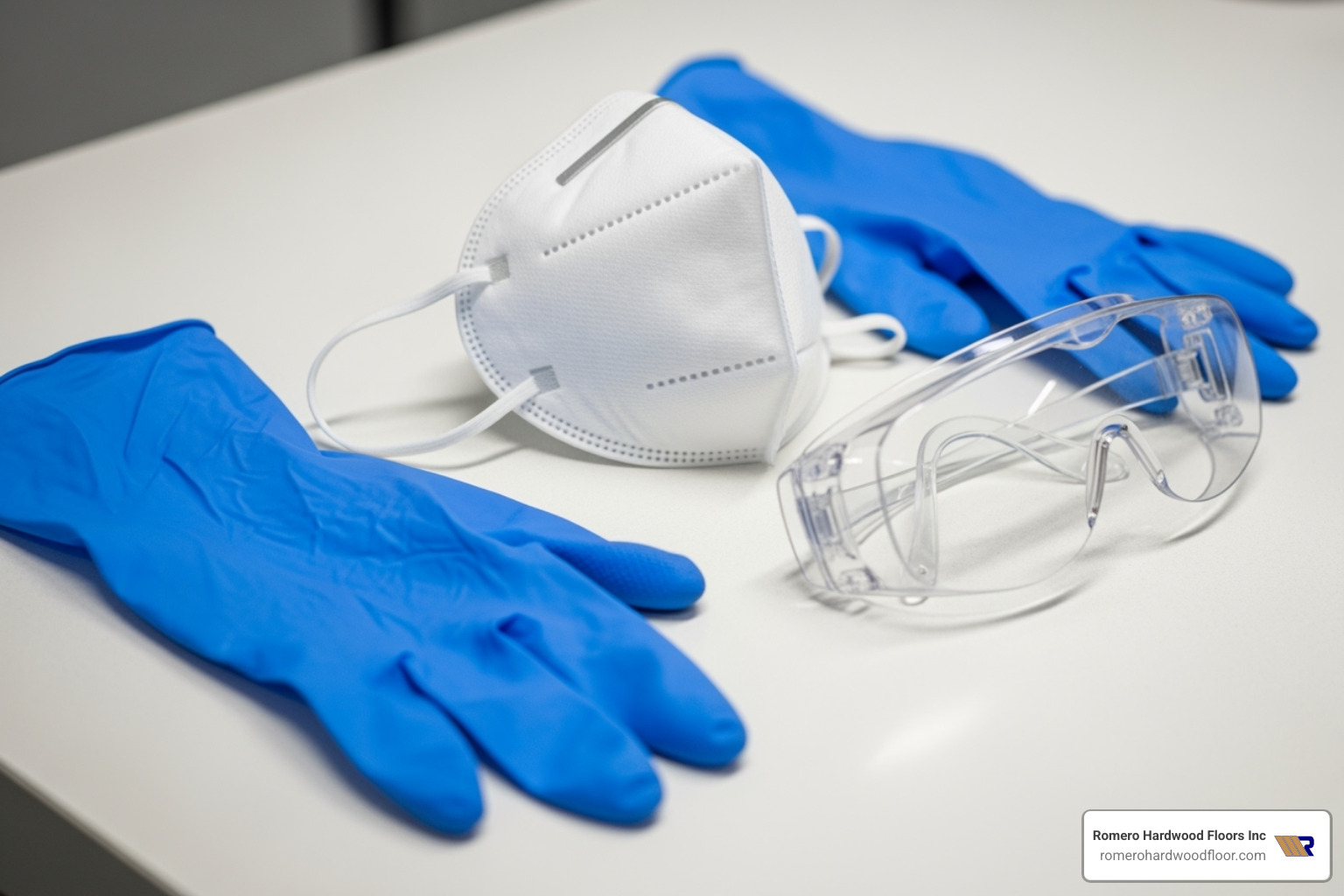 essential safety gear: N95 mask, gloves, and goggles - black mold on hardwood floors