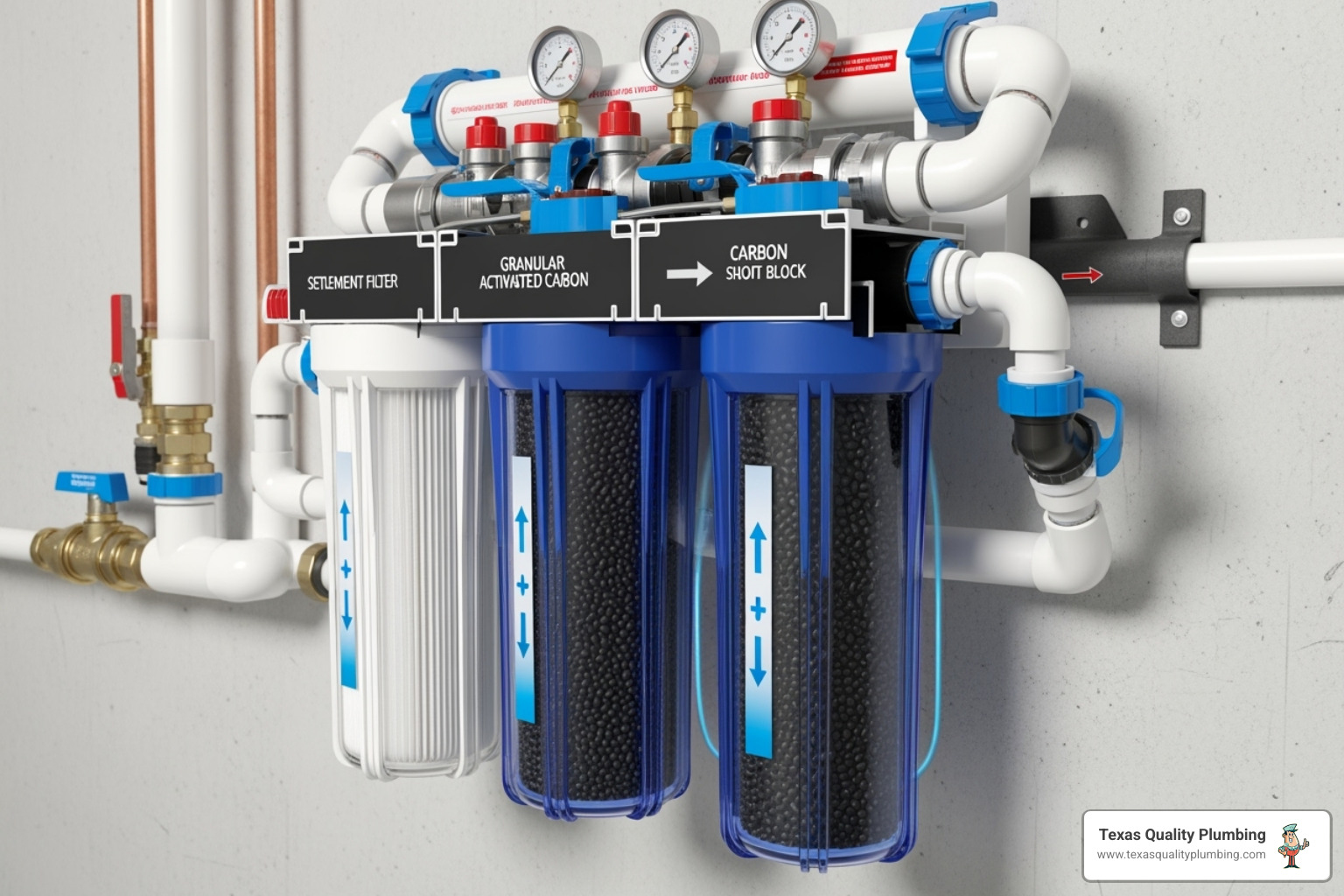 Cutaway view of a multi-stage whole-house water filtration system - houston water filtration experts near me