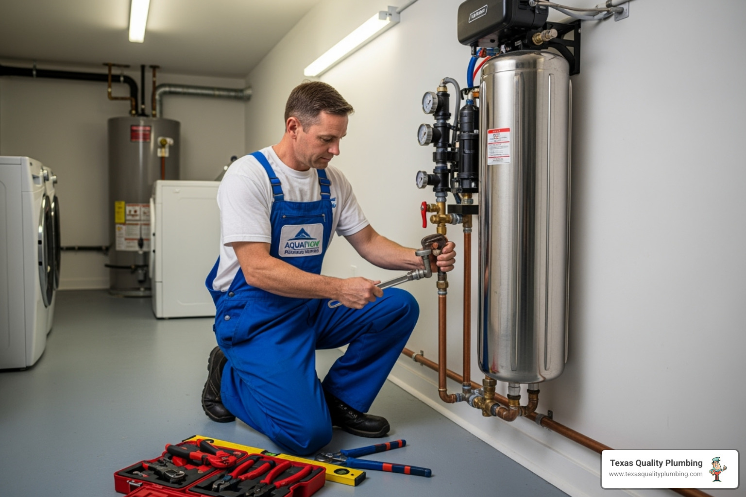 Licensed plumber professionally installing a water filtration unit in a clean utility space - houston water filtration experts near me
