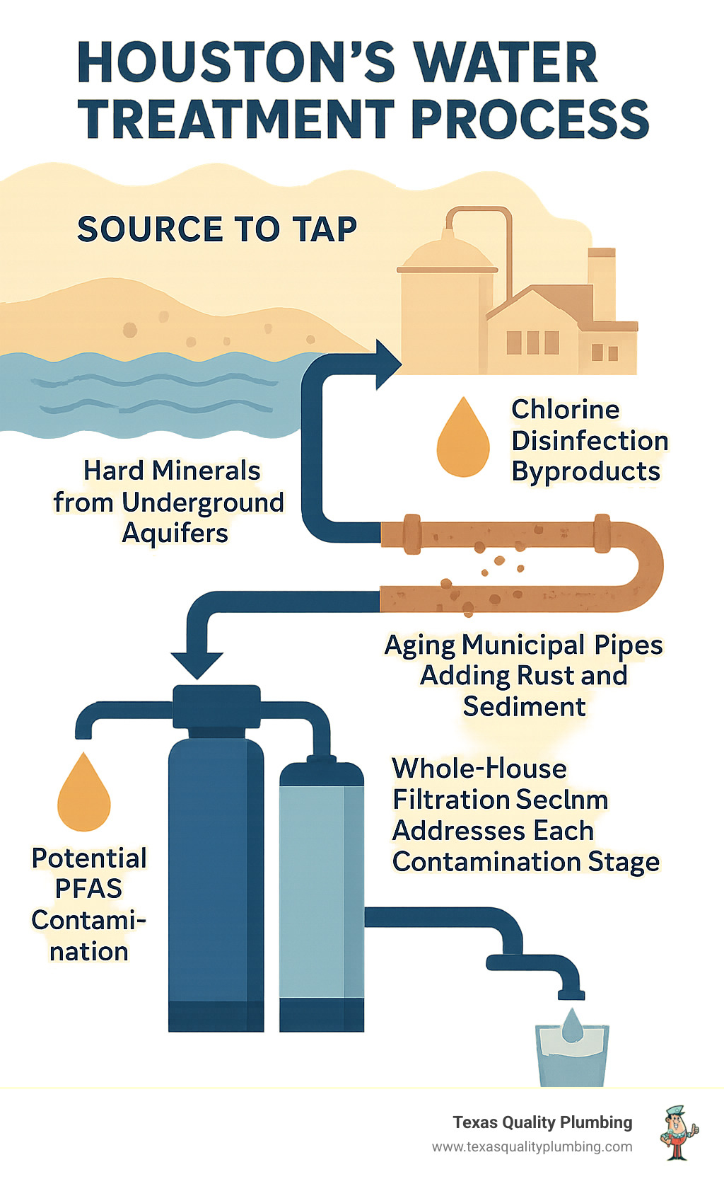Detailed infographic showing Houston's water treatment process from source to tap, highlighting common contamination points including hard minerals from underground aquifers, chlorine disinfection byproducts, aging municipal pipes adding rust and sediment, and potential PFAS contamination, with arrows showing how whole-house filtration systems address each contamination stage - houston water filtration experts near me infographic 