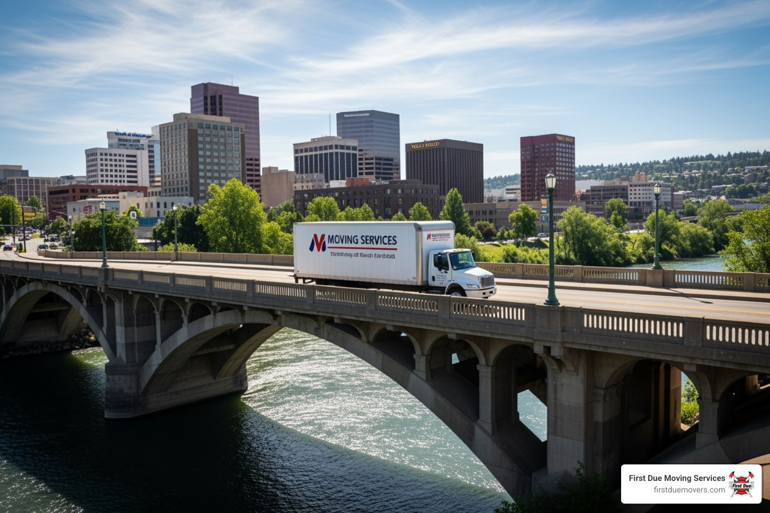 moving truck with a scenic Spokane backdrop like the Monroe Street Bridge - Spokane local movers
