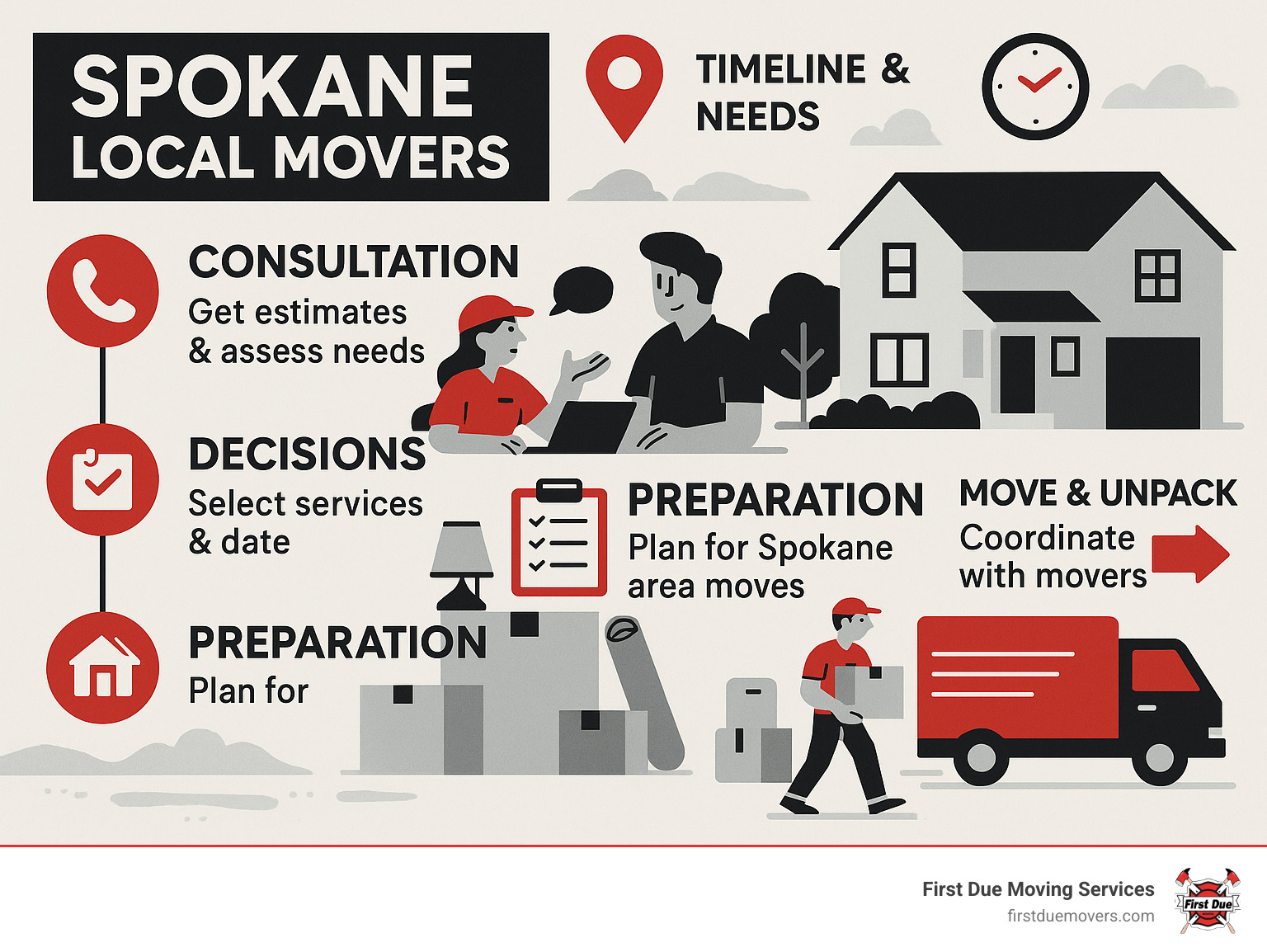 Infographic showing the complete local moving process from initial consultation through final unpacking, including key decision points for selecting services, timeline expectations, and preparation checklist items specific to Spokane area moves - Spokane local movers infographic 