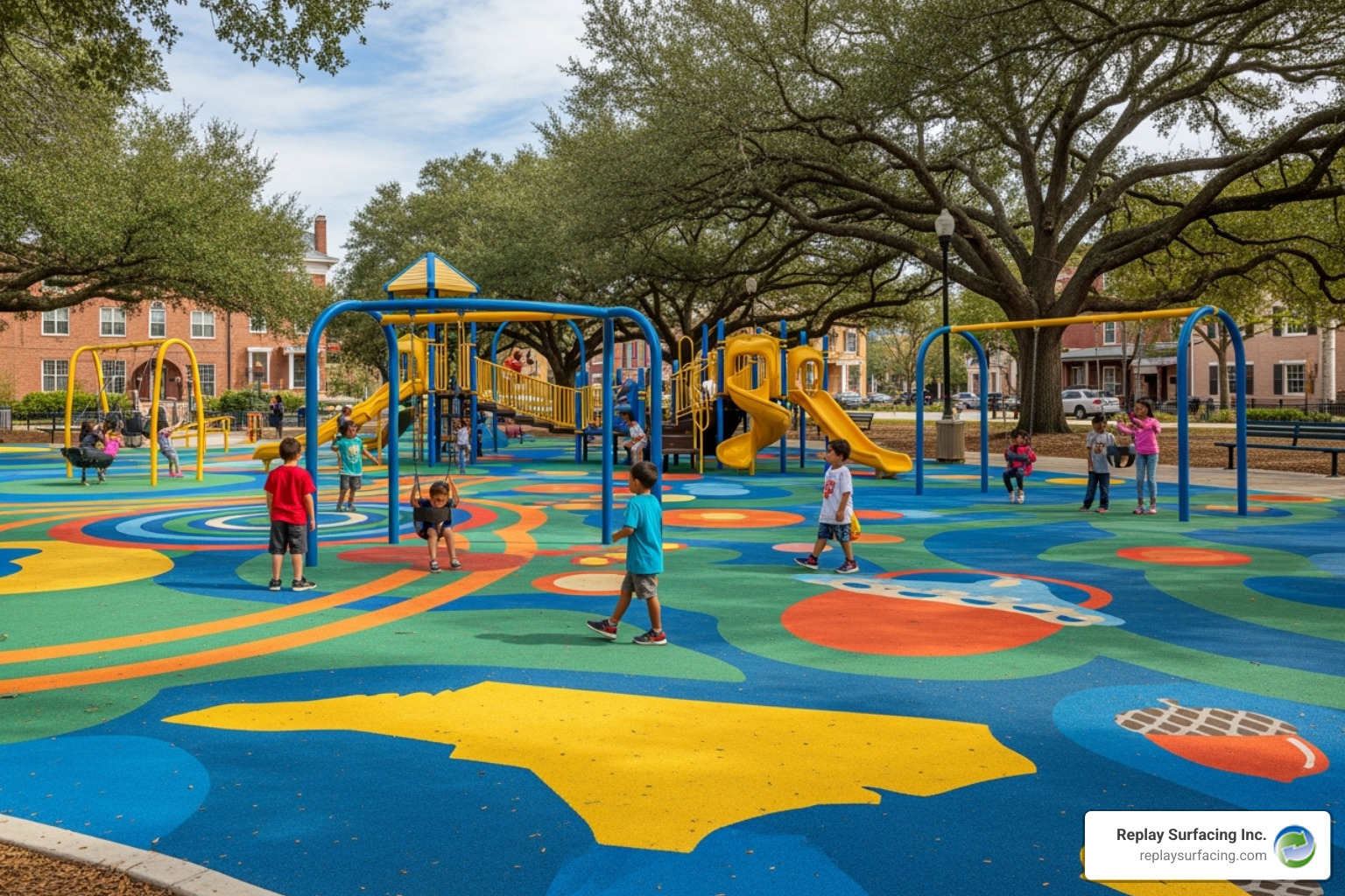 a custom poured-in-place playground with colorful patterns in a local park in Raleigh, NC - rubber ground cover for playgrounds in Charlotte NC