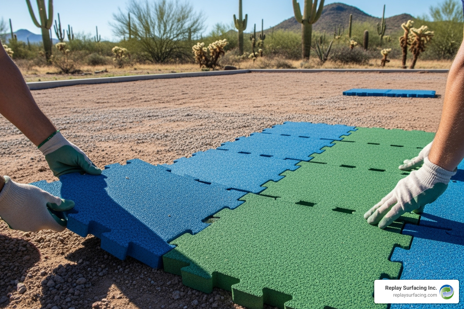 interlocking rubber tiles being installed on a playground base in Tucson, AZ - rubber ground cover for playgrounds in Charlotte NC
