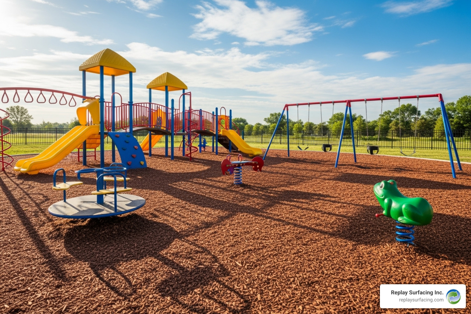 a playground with brown and red rubber mulch installed by Replay Surfacing Inc. in Columbia, SC - rubber ground cover for playgrounds in Charlotte NC