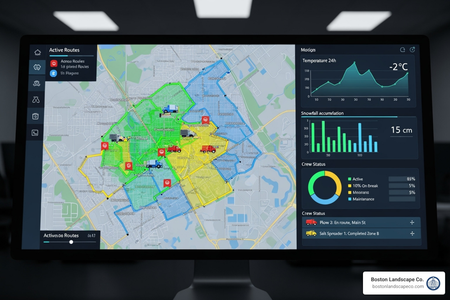 A digital dashboard showing real-time snow removal operations and data - property management snow removal