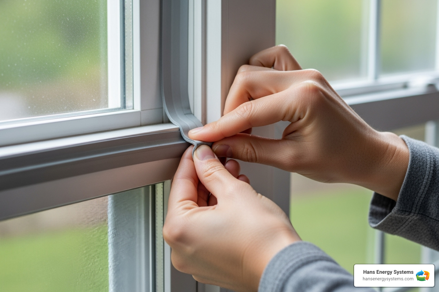 Person applying weather-stripping to a window frame - Lower utility bills Person applying weather-stripping to a window frame - Lower utility bills