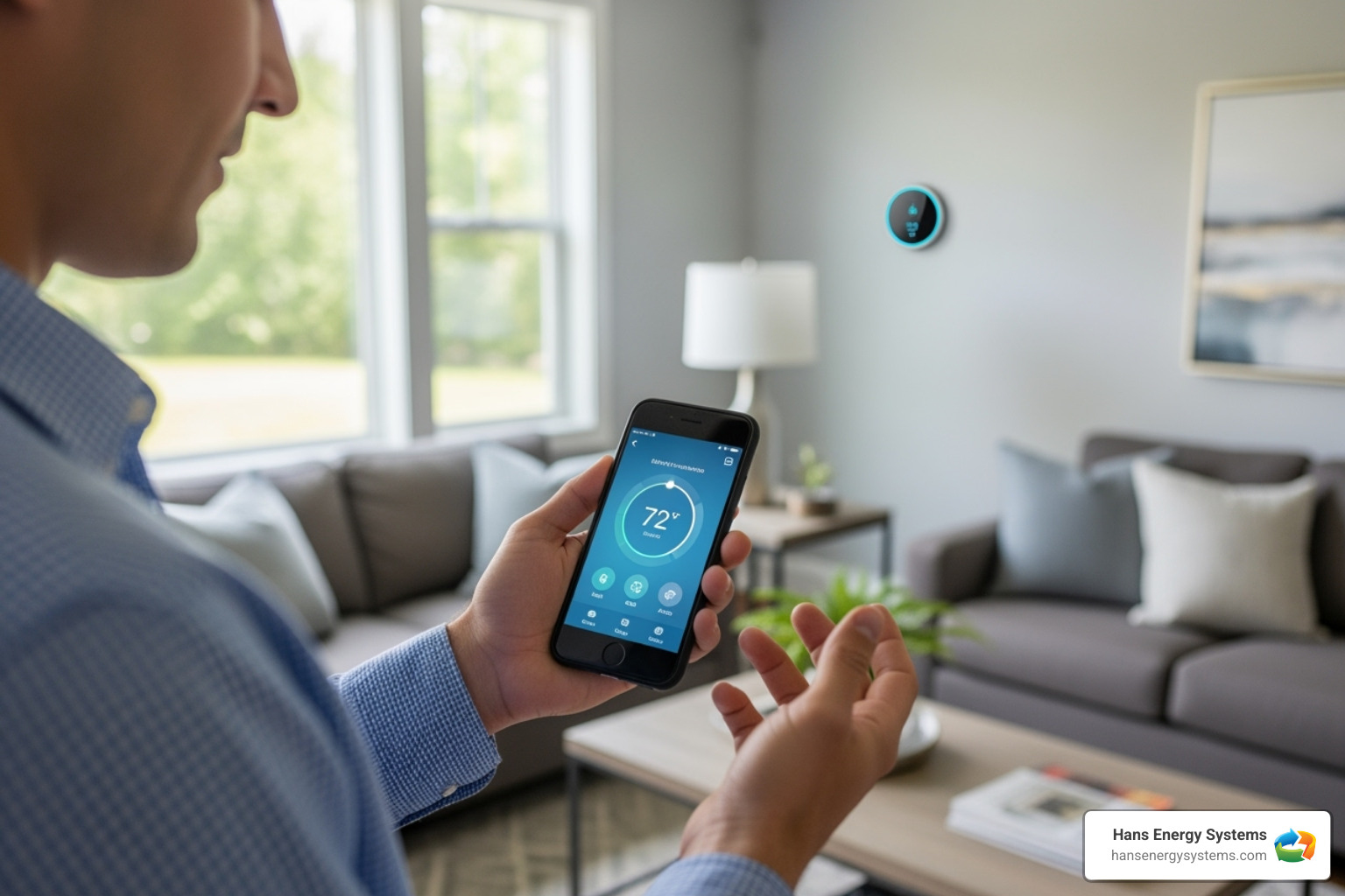 Homeowner adjusting their smart thermostat on a smartphone - Lower utility bills Homeowner adjusting their smart thermostat on a smartphone - Lower utility bills