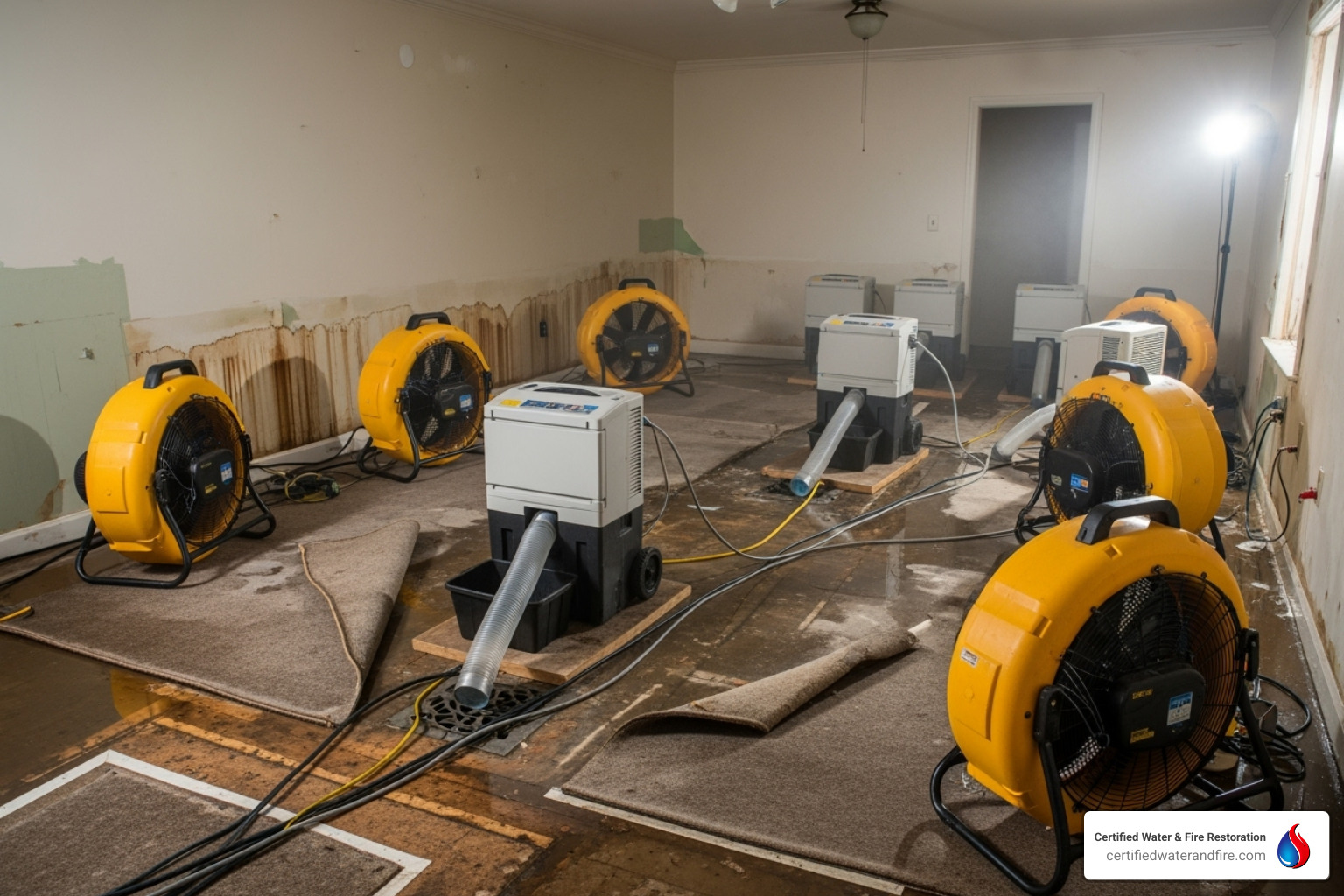 industrial air movers and dehumidifiers in a damaged room - fire and water damage contractors
