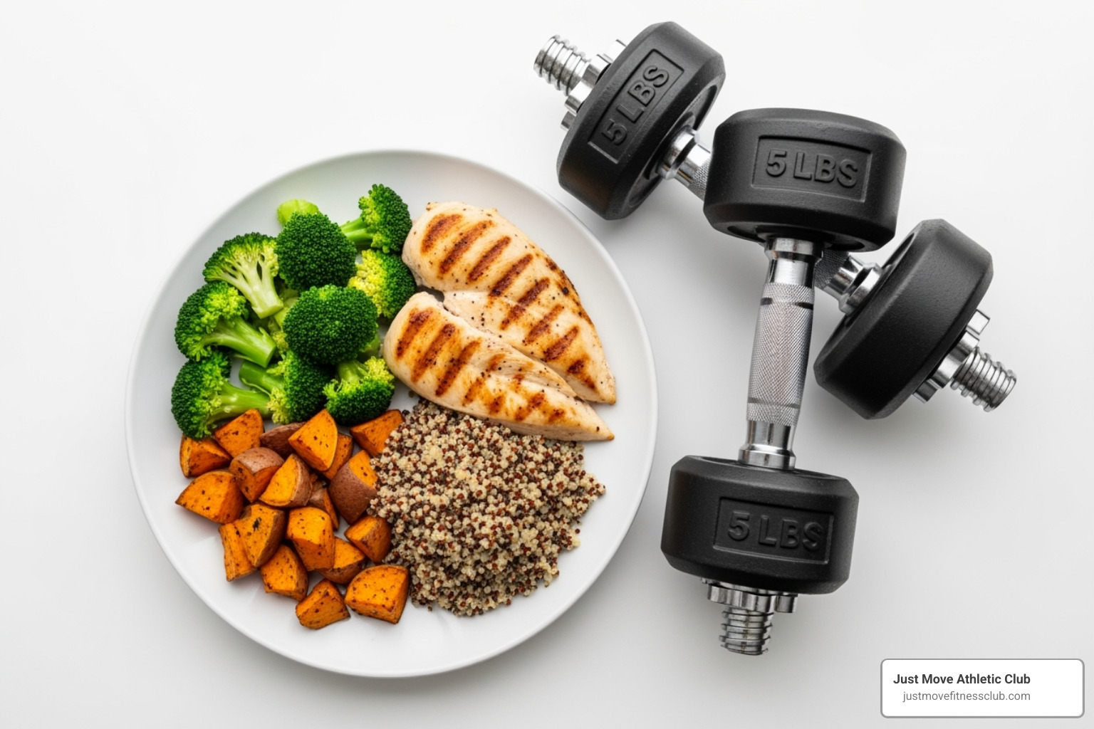 balanced meal and dumbbells - achieve fitness goals