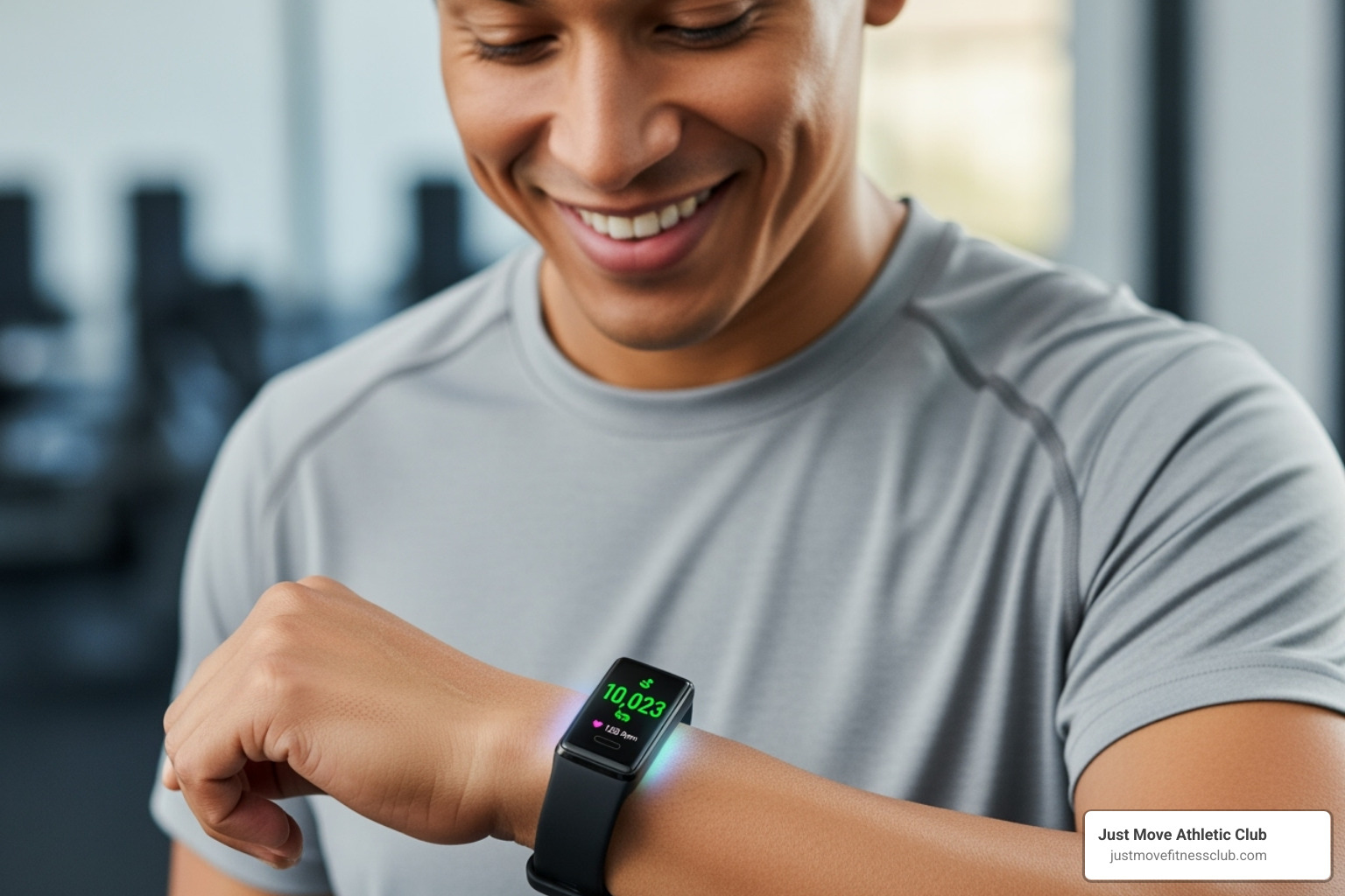 person smiling looking at fitness tracker - achieve fitness goals