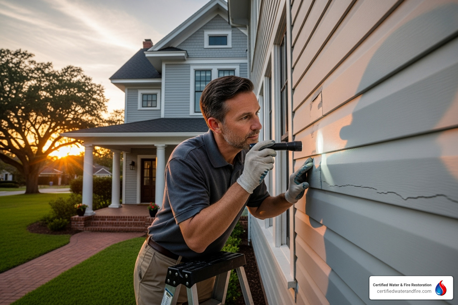 person inspecting siding - hail damaged siding