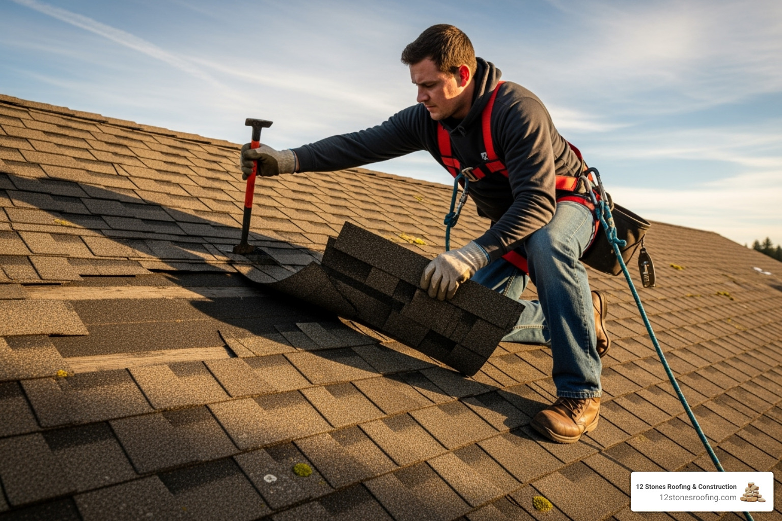 roofer carefully replacing a damaged shingle - Mansfield roof repair