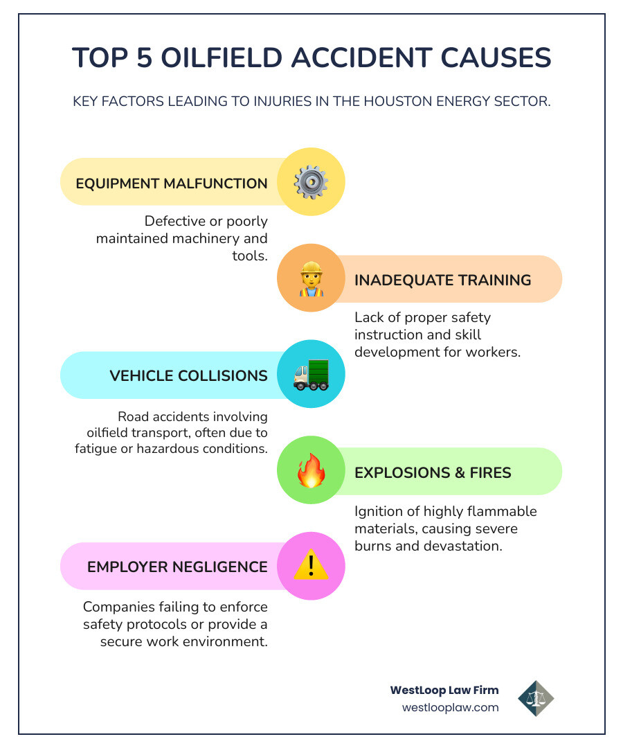 Infographic showing the top 5 causes of oilfield accidents: equipment malfunction, inadequate training, vehicle collisions, explosions and fires, and employer negligence - houston oilfield accident lawyers infographic infographic-line-5-steps-colors