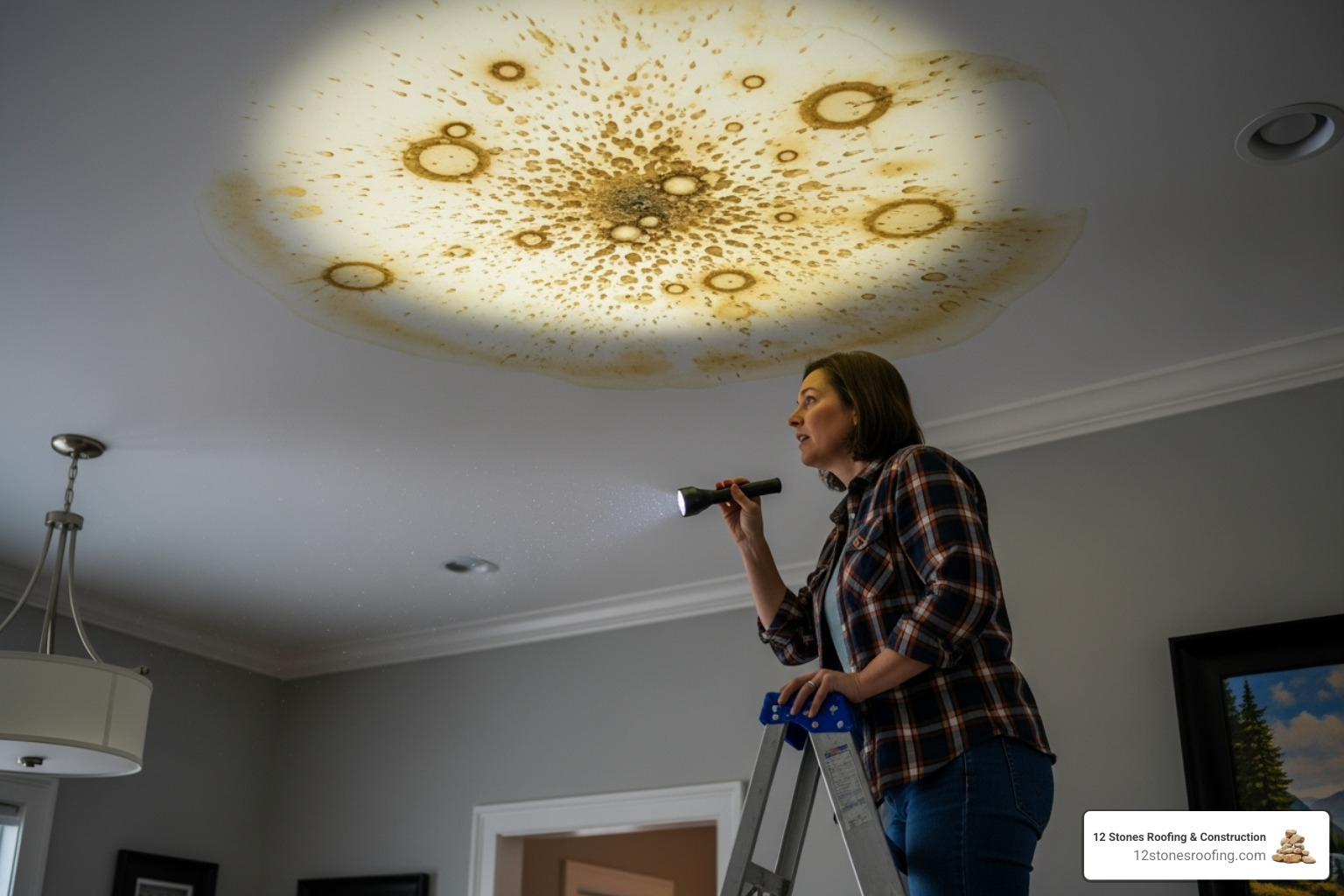 homeowner inspecting their ceiling for water stains - Mansfield roof repair