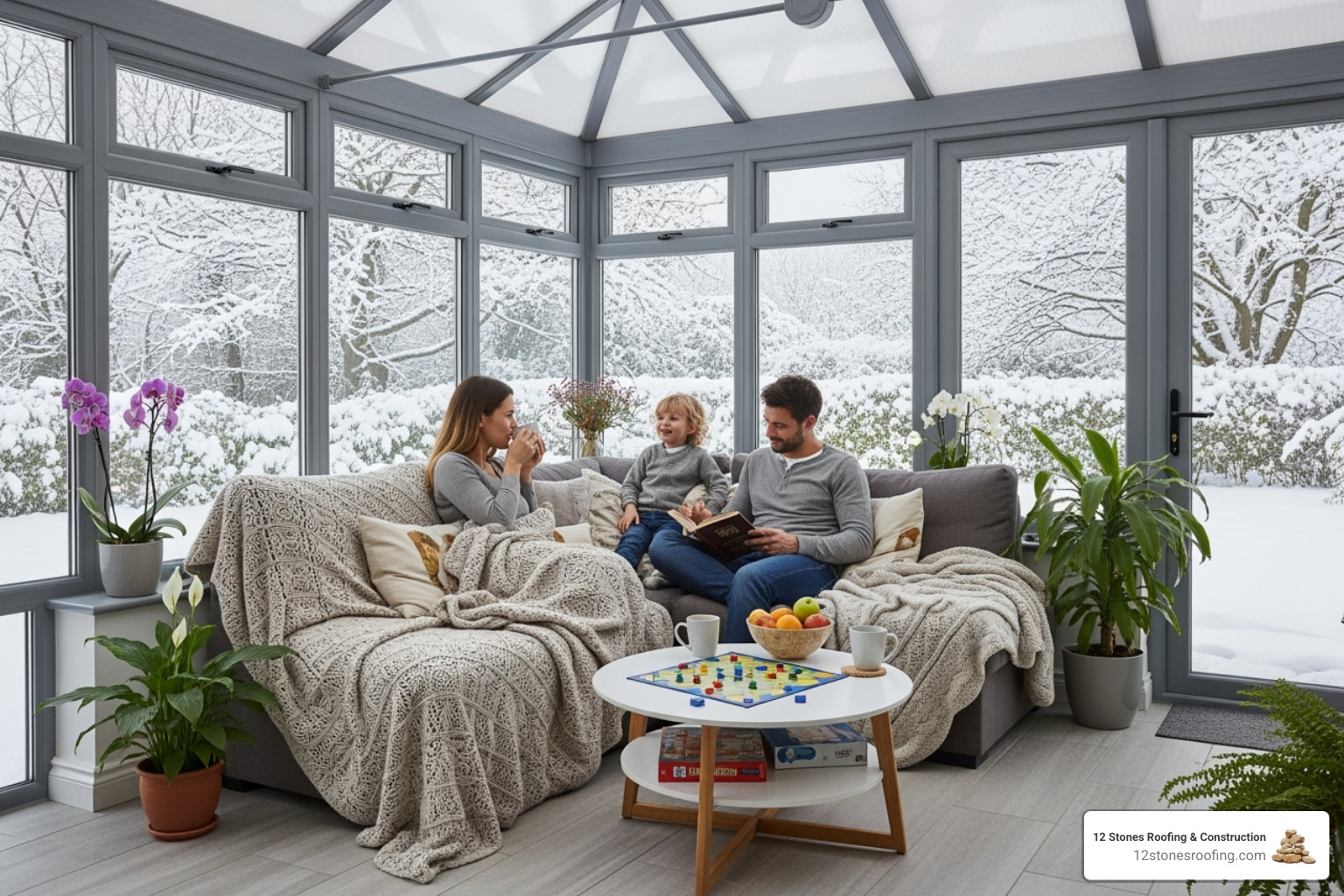 Family enjoying their comfortable conservatory in winter - lightweight conservatory roof replacement