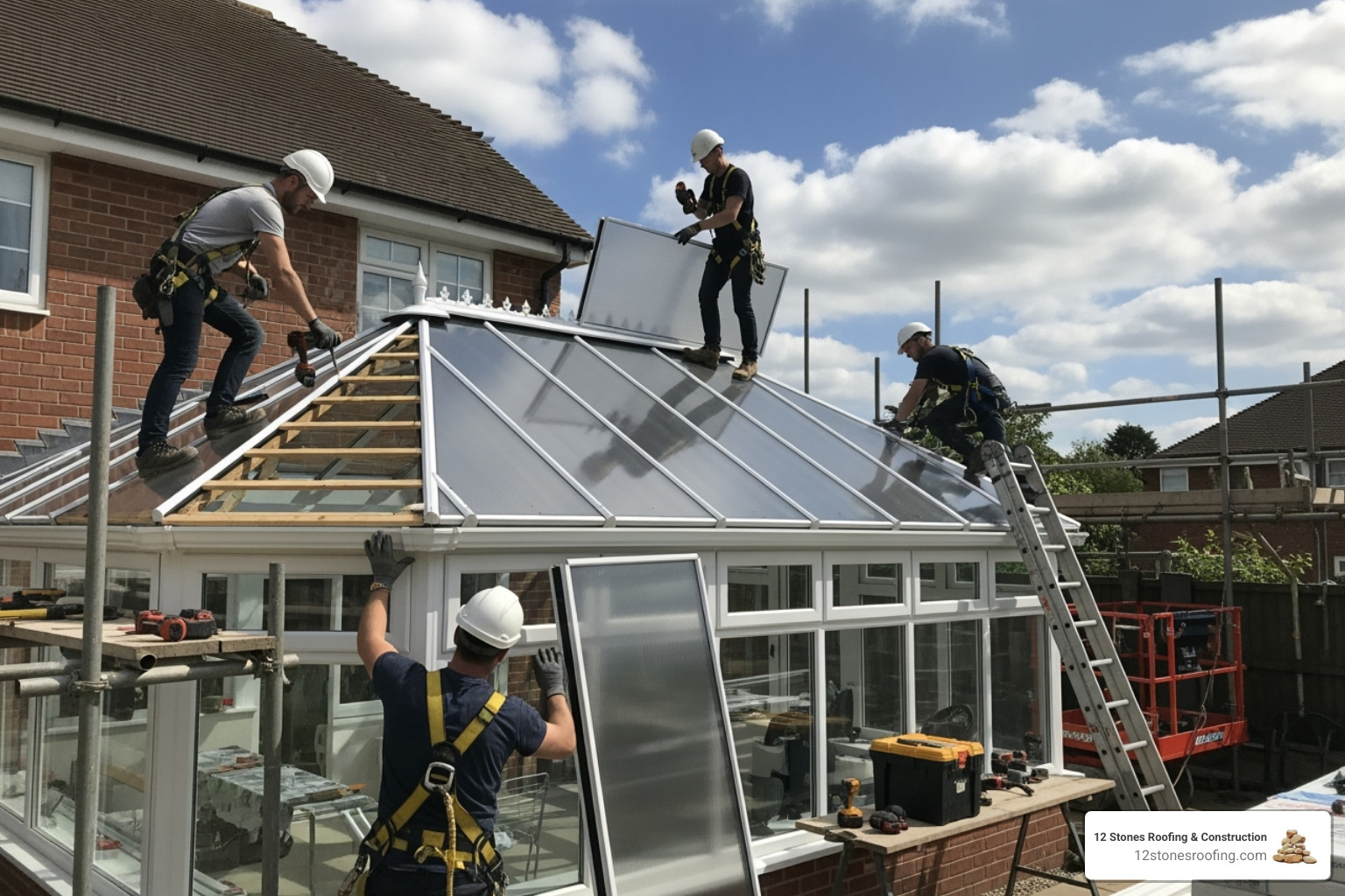 Professional installation team working on a conservatory roof - lightweight conservatory roof replacement