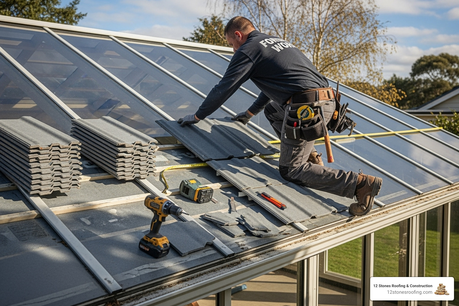 contractor installing lightweight tiles on a sunroom roof structure - tiled conservatory roof near me