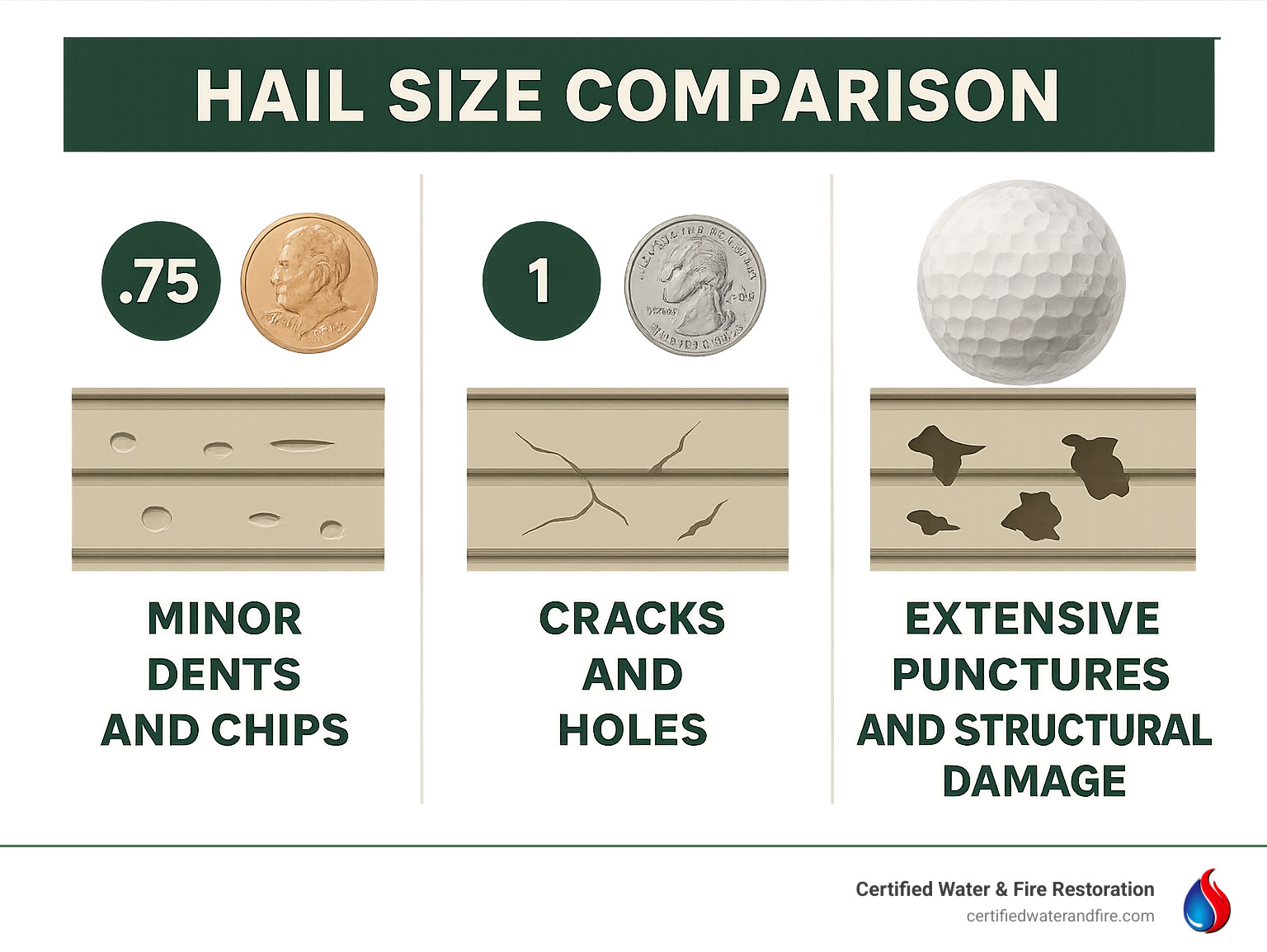 Infographic showing hail size comparison from penny-sized (.75 inches) causing minor dents and chips, quarter-sized (1 inch) creating cracks and holes, to golf ball-sized (1.75 inches) causing extensive punctures and structural damage to different siding materials - hail damaged siding infographic 