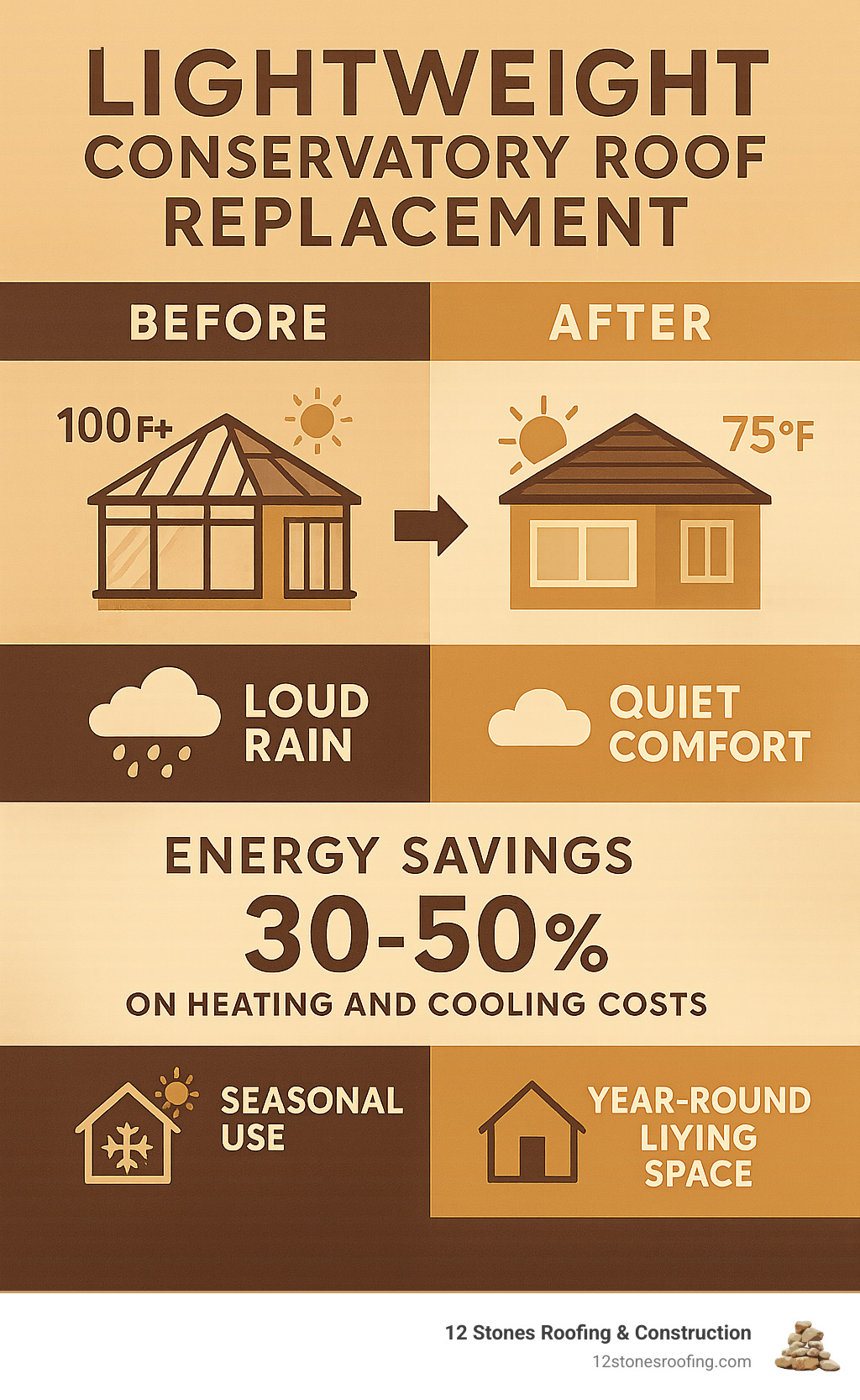 Infographic showing before and after benefits of lightweight conservatory roof replacement including temperature regulation from 100°F+ summer heat to comfortable 75°F, noise reduction from loud rain to quiet comfort, energy savings of 30-50% on heating and cooling costs, and change from seasonal use to year-round living space - lightweight conservatory roof replacement infographic 