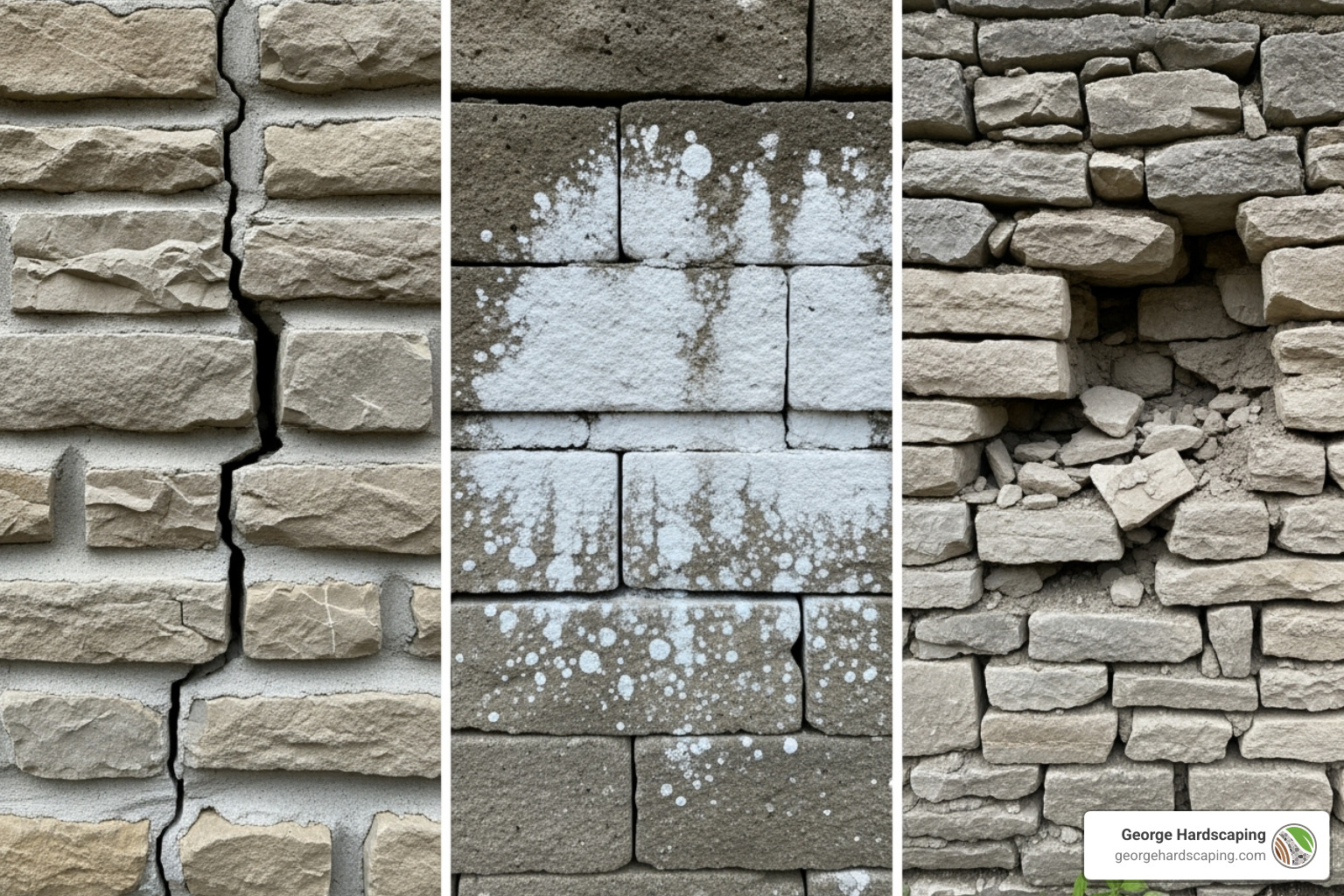 Common retaining wall problems: cracks, efflorescence, and material deterioration Image showing a close-up collage of various retaining wall issues: a vertical crack in a mortared wall, efflorescence on stone, and a crumbling dry-stack section. - stone retaining wall repair cost
