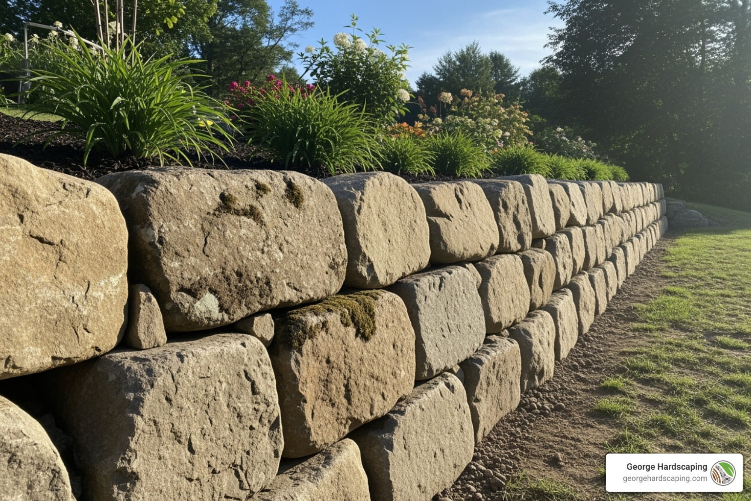 New boulder retaining wall with proper drainage and foundation Image of a brand new, professionally constructed boulder retaining wall, looking strong and aesthetically pleasing. - stone retaining wall repair cost